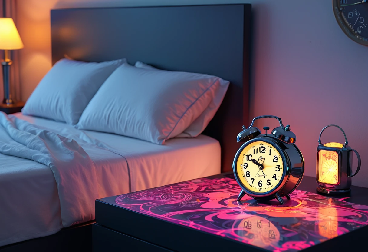 an alarm clock on a nighttable <lora:Psych-Futurism:1>,pfstyle