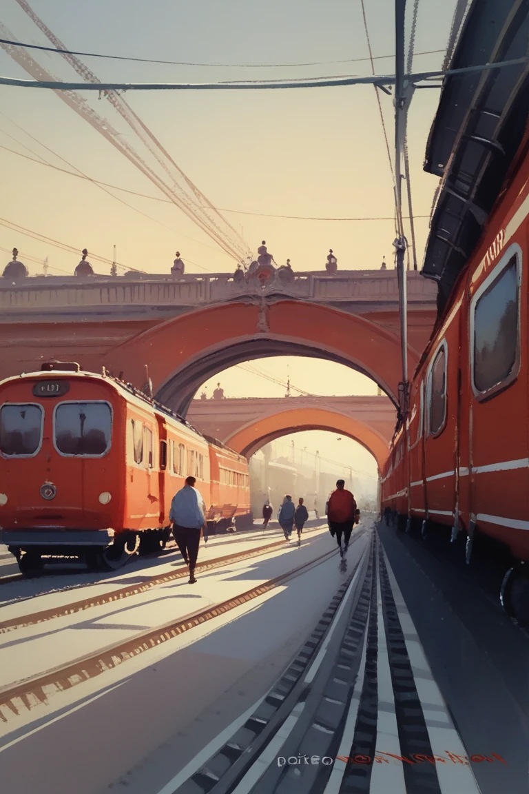 score_9, score_8_up, score_7_up,"The image shows a red train traveling down train tracks next to a platform, with people walking on the platform and a bridge in the background. The sky is visible at the top of the painting, and there is a watermark in the bottom right corner."