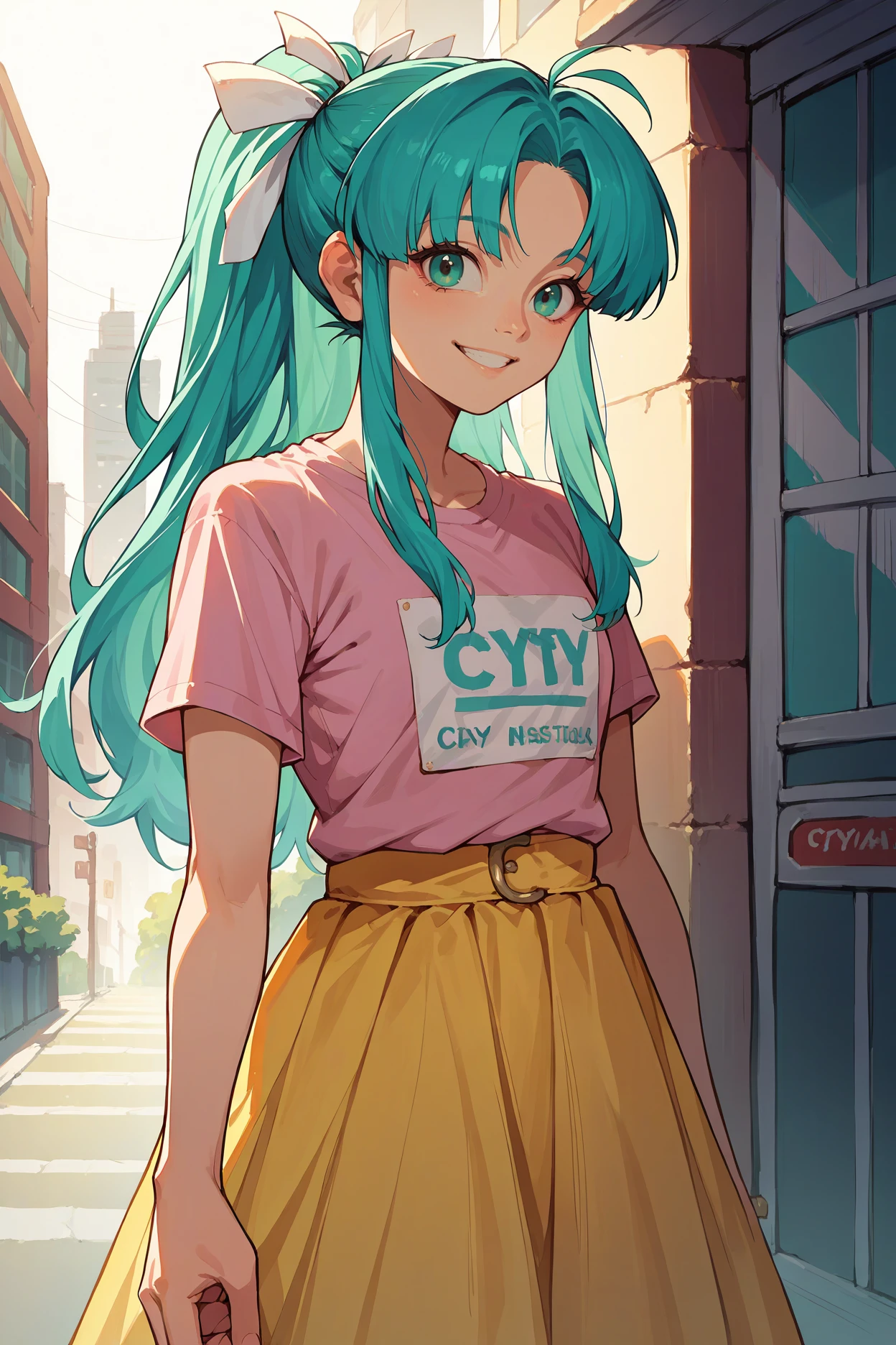 score_9, score_8_up, score_7_up, score_6_up, source_anime, 1girl, solo  <lora:gsmia-pdxl-nvwls-v1-000005:1> gsmia, cyan hair, ponytail, long hair, hair ribbon, pink t-shirt, yellow skirt, long skirt, looking at you, smile, city