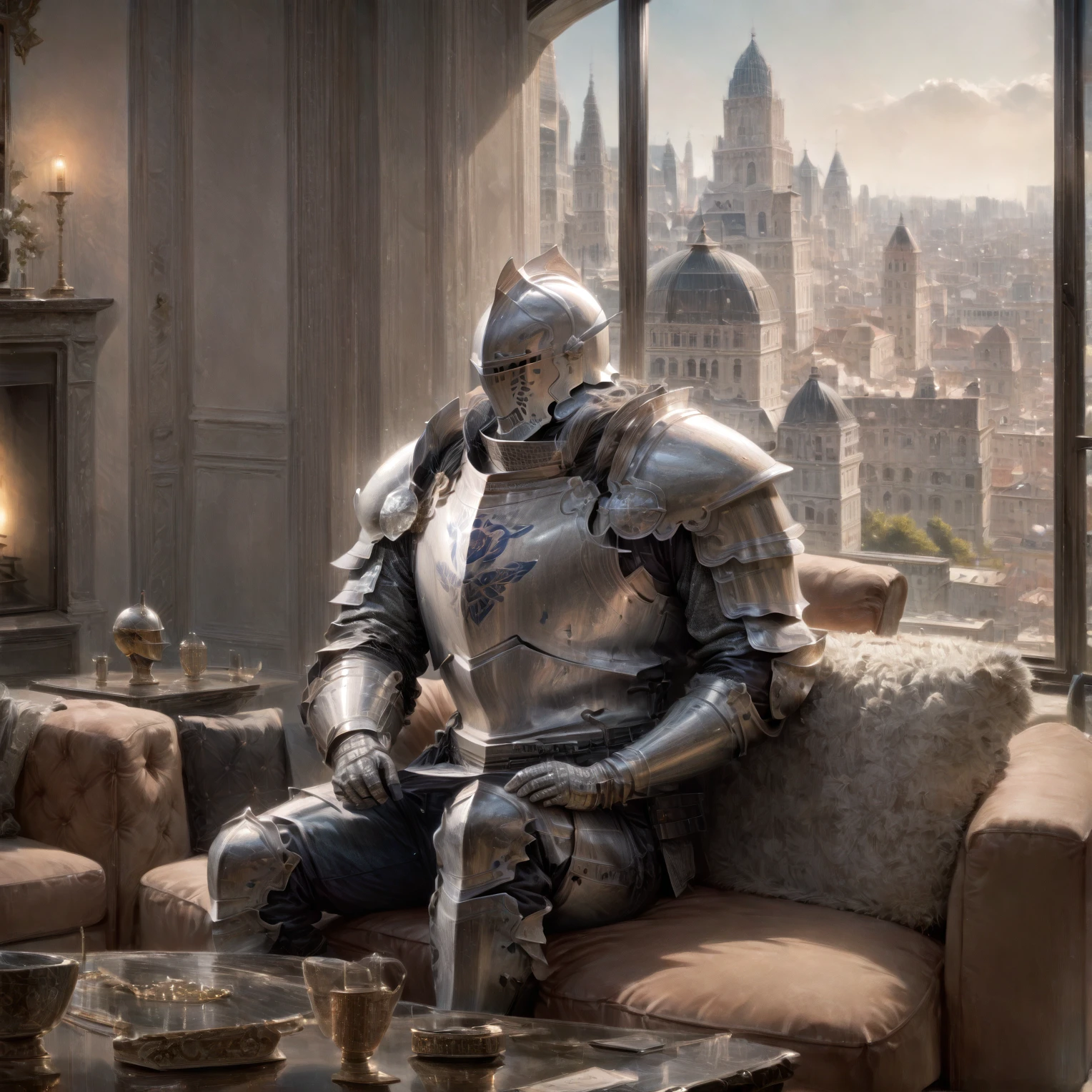 couch, sitting, window, cityscape, <lora:Modern_Day_Knights_Pony_XL:1>, modernknight, knight, armor, helmet, armored gloves, BREAK score_9, score_8_up, score_7_up, best quality, masterpiece, 4k, prefect lighting, very aesthetic, anime, zPDXL2