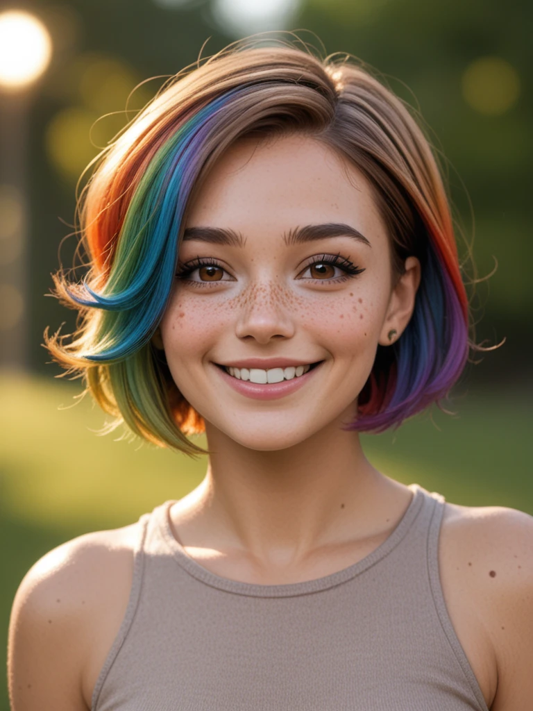 beautiful lady, (freckles), big smile, brown hazel eyes, Short hair, rainbow color hair, dark makeup, hyperdetailed photography, soft light, head and shoulders portrait, cover