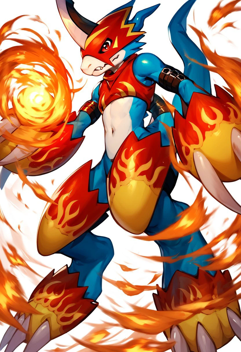 flamedramon (character), blue body, anthro, armor, belt, claws, clothing, crop top, headgear, helmet, male, shirt, topwear, red eyes, horn, digimon (creature), solo, no humans, claws, fire, white background, full body, horns, arm belt, score_9, score_8, score_7_up, score_6_up,
