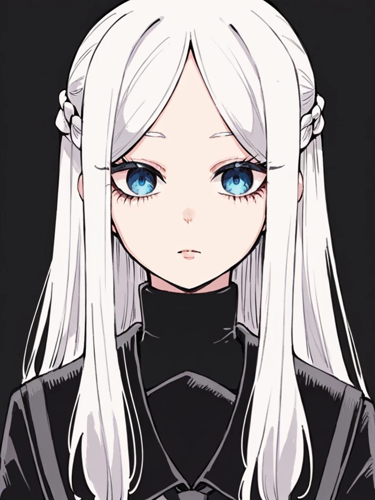 score_9, score_8_up, score_7_up, 
1girl, blue eyes, ichijou michiru, white hair, long hair,  parted bangs, french braid,

turtleneck, school uniform, black serafuku, long sleeves, upper body, black background, looking at viewer, expressionless,
