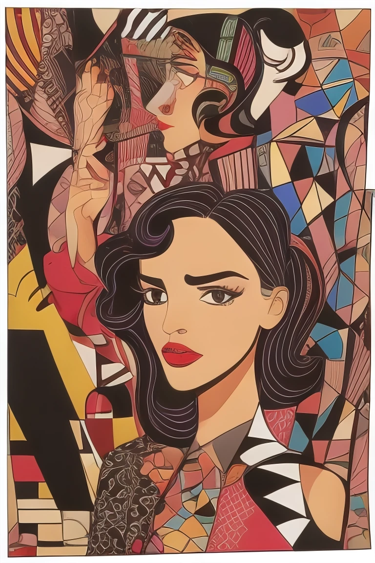 flat colors, graphic style, dynamic abstract portrait of young woman, abstract forms blended into the shapes of her face and hair, (black hair), Andy Warhol inspired, geometrical elements melted into the bold brush strokes in the faint mix of kandinsky and norman rockwell style <as_youngv2>, <likenesshelpbyshurik3>