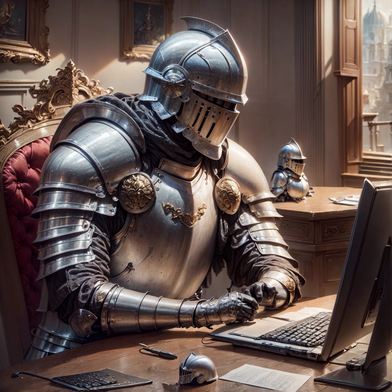 computer, typing on computer, desk, sitting, <lora:Modern_Day_Knights_Pony_XL:1>, modernknight, knight, armor, helmet, armored gloves, BREAK score_9, score_8_up, score_7_up, best quality, masterpiece, 4k, prefect lighting, very aesthetic, anime, zPDXL2