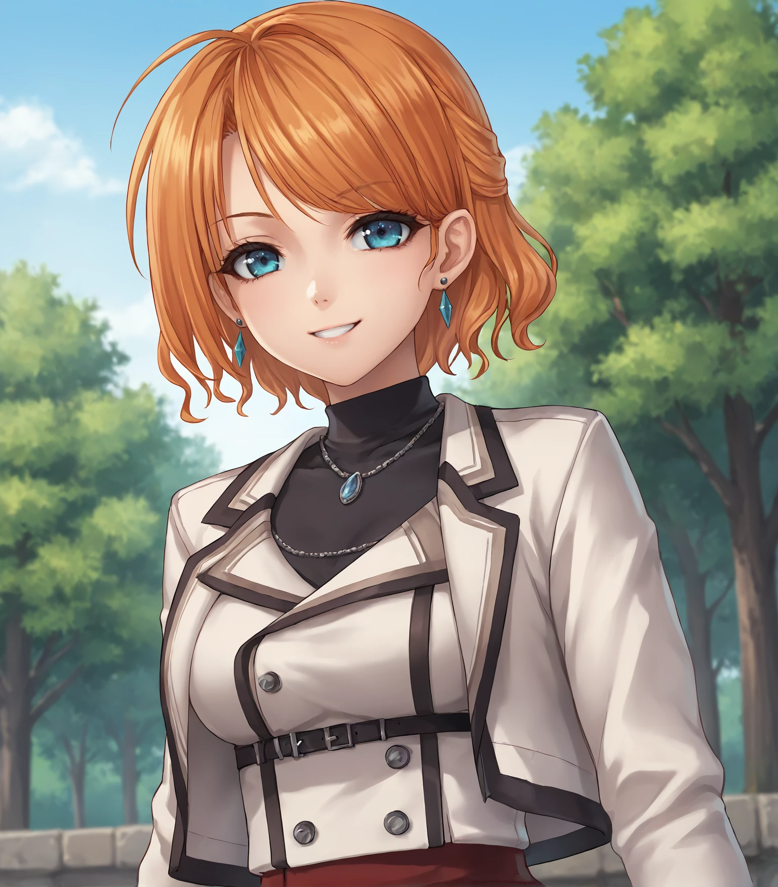 score_9, score_8_up, score_7_up, score_6_up, score_5_up, score_4_up, BREAK source_anime,
1girl, solo, <lora:KaelaMacMillan:0.9>, Kaela MacMillan, short hair, orange hair, blue eyes, medium breasts, earrings, black pantyhose, red miniskirt, red skirt, tight skirt, white jacket, white high heels,,
upper body, portrait, looking at viewer, smile, outdoors, sky, trees,
<lora:Racoonkun_Artist_Style:0.6>, racoonsan,,