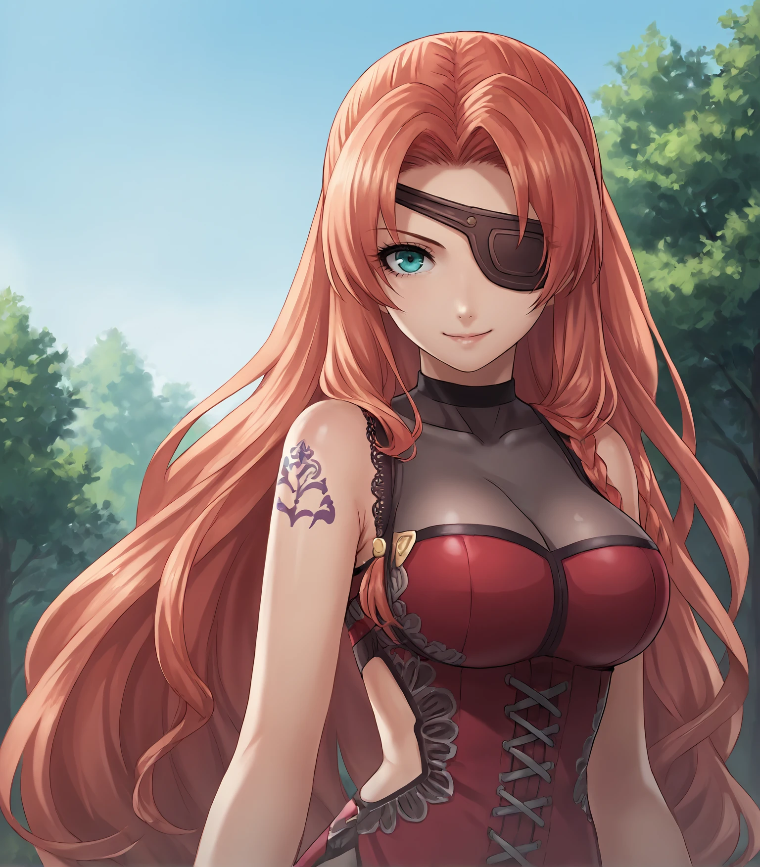 score_9, score_8_up, score_7_up, score_6_up, score_5_up, score_4_up, BREAK source_anime,
1girl, solo,  <lora:ScarletCS1:0.9>, Scarlet, aqua eyes, eyepatch, red hair, long hair, hair over shoulder, large breasts, shoulder tattoo, red dress, black miniskirt, thigh boots,
upper body, portrait, looking at viewer, smile, outdoors, sky, trees, 
<lora:Racoonkun_Artist_Style:0.6>, racoonsan,,