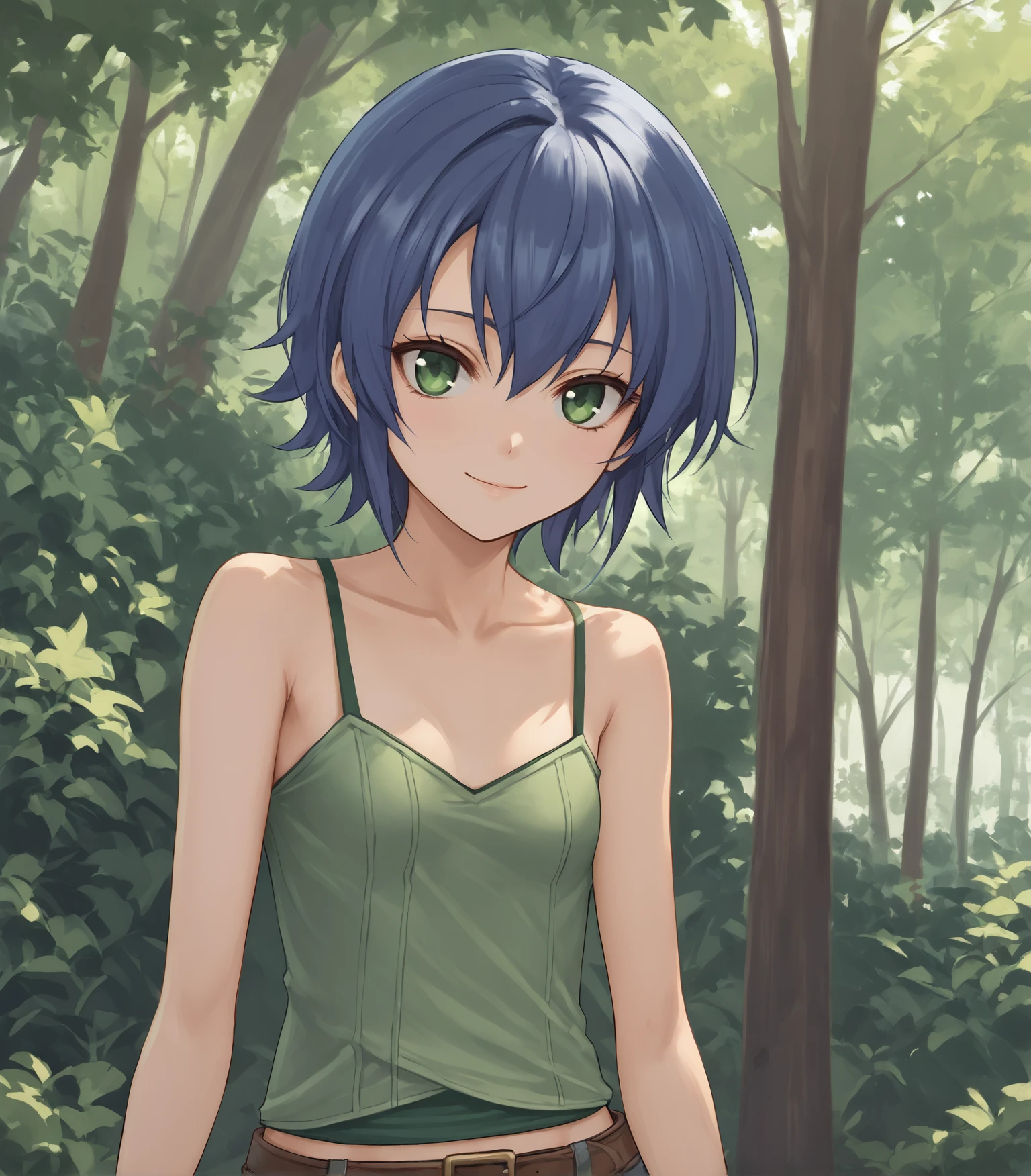 score_9, score_8_up, score_7_up, score_6_up, score_5_up, score_4_up, BREAK source_anime,
1girl, solo,  upper body, portrait ,  looking at viewer, smile, outdoors, sky, trees,
<lora:LDART_style_pony_v3:0.8>,  
 <lora:Sully:0.9>, Sully Atraid, blue hair, short hair, green eyes, petite, small breasts, green top, camisole, jean shorts, brown belt, hotpants, sneakers, white socks,