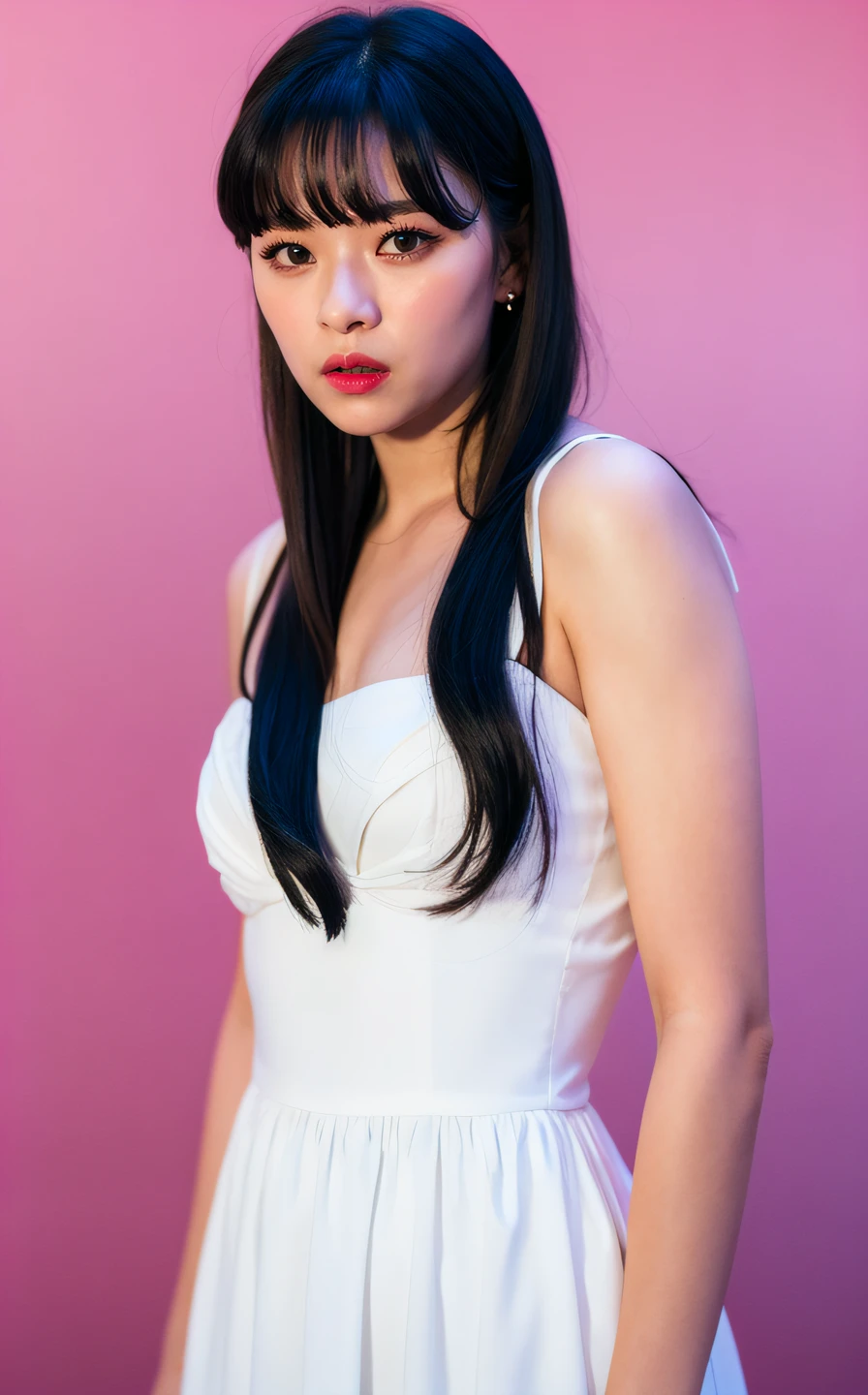 <lora:Jeongyeon_V1:1> Je0ng,, , (realistic), (hyperrealism), (photorealistic:1.4), 1girl, black hair, dress, hair ornament, lips, looking at viewer, makeup, pink background, realistic, ribbon, sleeveless, solo, standing, white dress