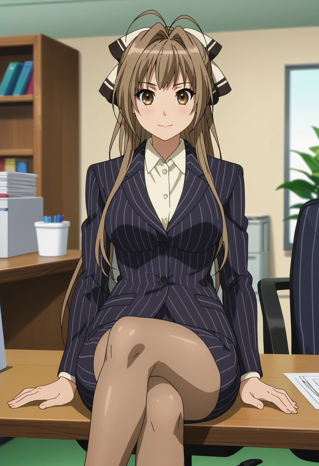 score_7_up, anime screencap,
<lora:AmagiBrilliantPark_SentoIsuzuXL:0.9>,
1girl, solo, closed mouth, light smile,
long hair, ponytail, brown hair, antenna hair, hair intakes, brown eyes, hair bow,
SentoOffice, pinstripe suit, skirt suit, brown pantyhose,
sitting, crossed legs, looking at viewer,
blurry background, indoors, office