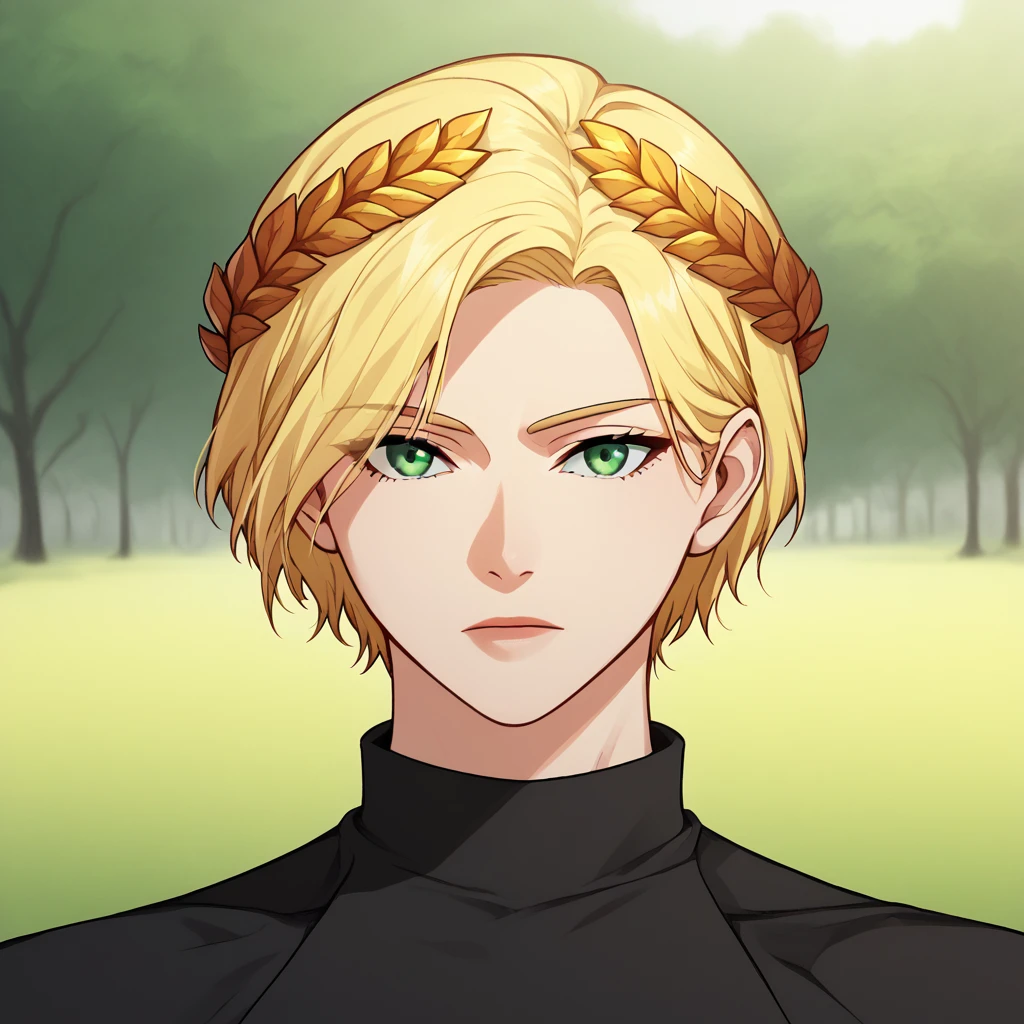 score_9_up, score_8_up, BREAK, 1girl, solo, blonde hair, short hair, green eyes, golden laurel crown, black shirt, upper body, outdoors, depth of field,  <lora:LaurelCrown_PXL_Leaf:1>,  <lora:Manhwa_Style_PXL_Leaf2:1>, manhwa, looking at viewer,