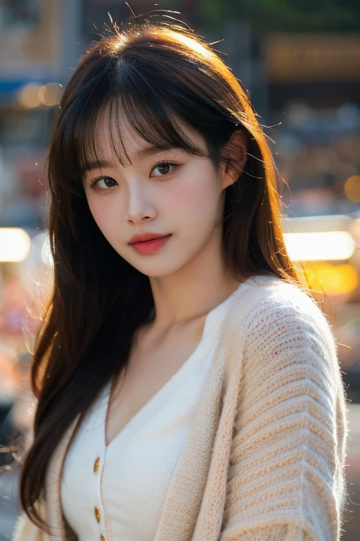 masterpiece, best quality, ultra-detailed, ultra high res, (photorealistic:1.4), raw photo, (realistic:0.2), 8k HDR, realistic lighting, looking at viewer, 1girl, solo, asymmetrical hair, outdoor, sky, (traditional market:1.2), bokeh, (detailed lips), (detailed pores), (detailed skin textures), (detailed face:1.2), (body:1.2), a woman in a cardigan, cowboy shot,