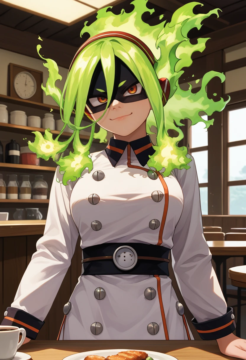 score_9, score_8_up, score_7_up, source_anime, upper body, solo, 1girl, kamiji moe, smile, closed mouth, looking at you, elbows on table, green hair, fiery hair, black mask, eye mask, domino mask, white dress, short dress, buttons, double-breasted, long sleeves, large breasts, indoors, cafe <segment:yolo-Anzhc Face seg 640 v2 y8n.pt,0.4,0.5>