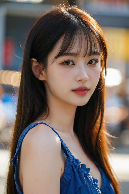 masterpiece, best quality, ultra-detailed, ultra high res, (photorealistic:1.4), raw photo, (realistic:0.2), 8k HDR, realistic lighting, looking at viewer, 1girl, solo, asymmetrical hair, outdoor, sky, (traditional market:1.2), bokeh, (detailed lips), (detailed pores), (detailed skin textures), (detailed face:1.2), (body:1.2), a woman in a sundress, cowboy shot,