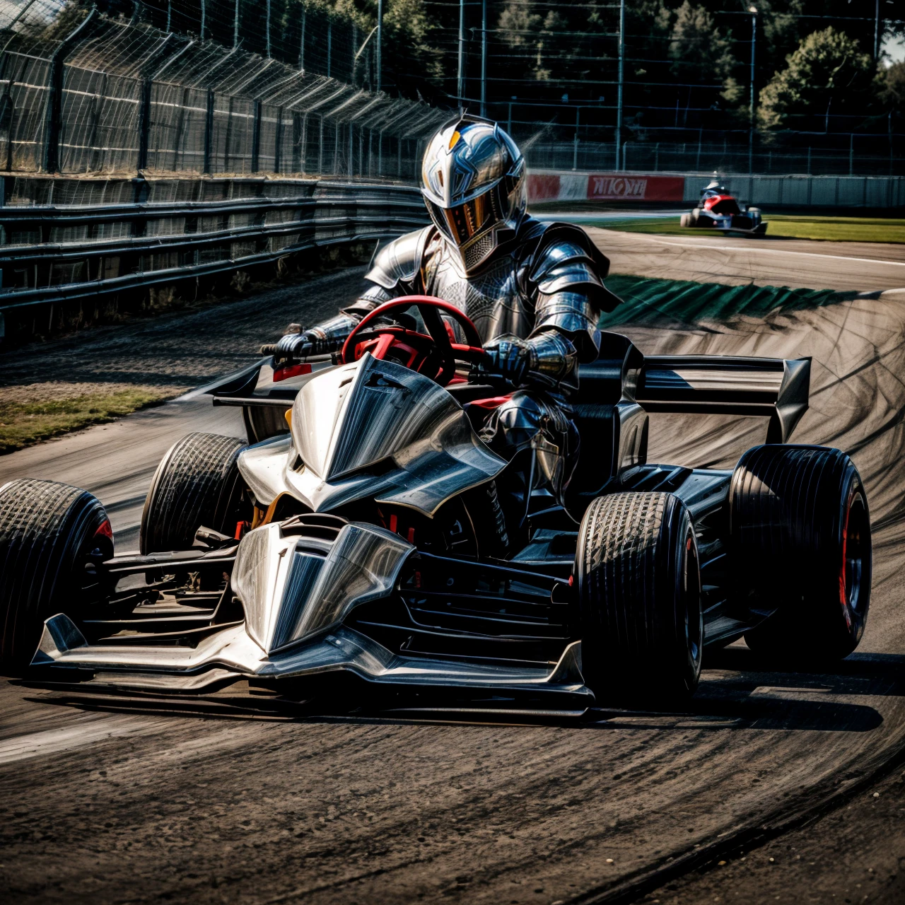 driving, go-kart, racetrack, <lora:modernknight:0.6>, modernknight, knight, armor, helmet, armored gloves, very detailed, <lora:more_details:0.6>, high quality, highres, masterpiece, best quality, 8k, intricate, detailed, <lora:add_detail:0.6>