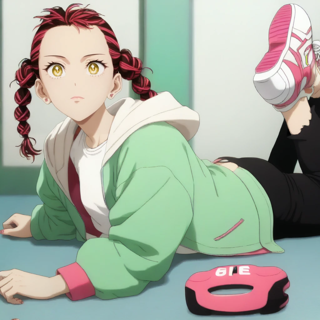 1girl, solo, on stomach <lora:azukiXLpony:1> haru, yellow eyes, red hair, multicolored hair, twin braids, earrings, pink nails, white shirt, green jacket, hood, black pants, torn pants, sneakers,