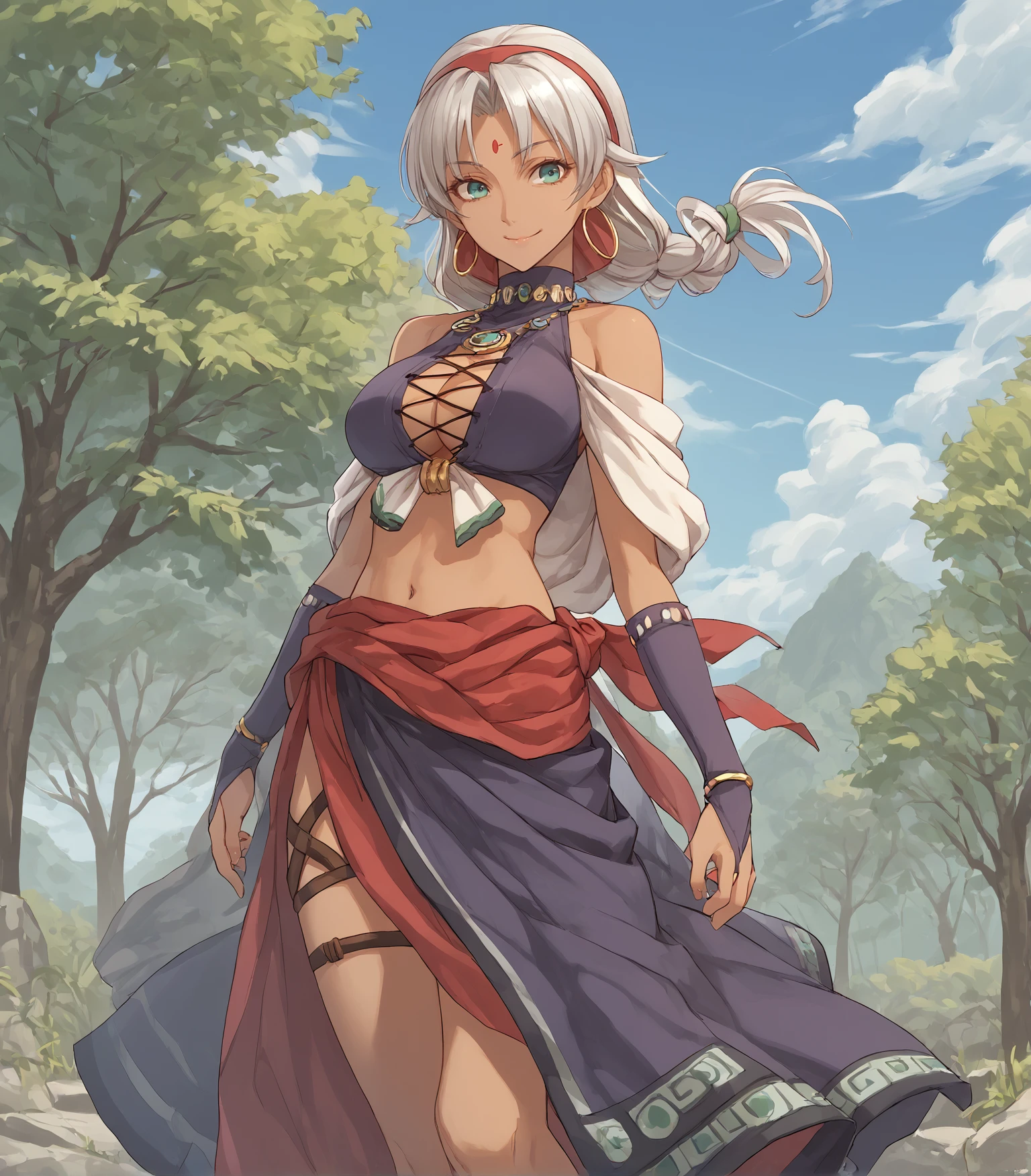 score_9, score_8_up, score_7_up, score_6_up, score_5_up, score_4_up, BREAK source_anime,
1girl, solo,  cowboy shot ,  looking at viewer, smile, outdoors, sky, trees,
<lora:pottsness_style_xl:0.9>, <lora:rhasta:0.6>, 
 <lora:ScherazardHarvey:0.9>, Scherazard Harvey, grey hair, silver hair, aqua eyes, hairband, hoop earrings, forehead jewel, forehead mark, dark skin, large breasts, necklace, crop top, cleavage, sarong, bridal gauntlets, sandals