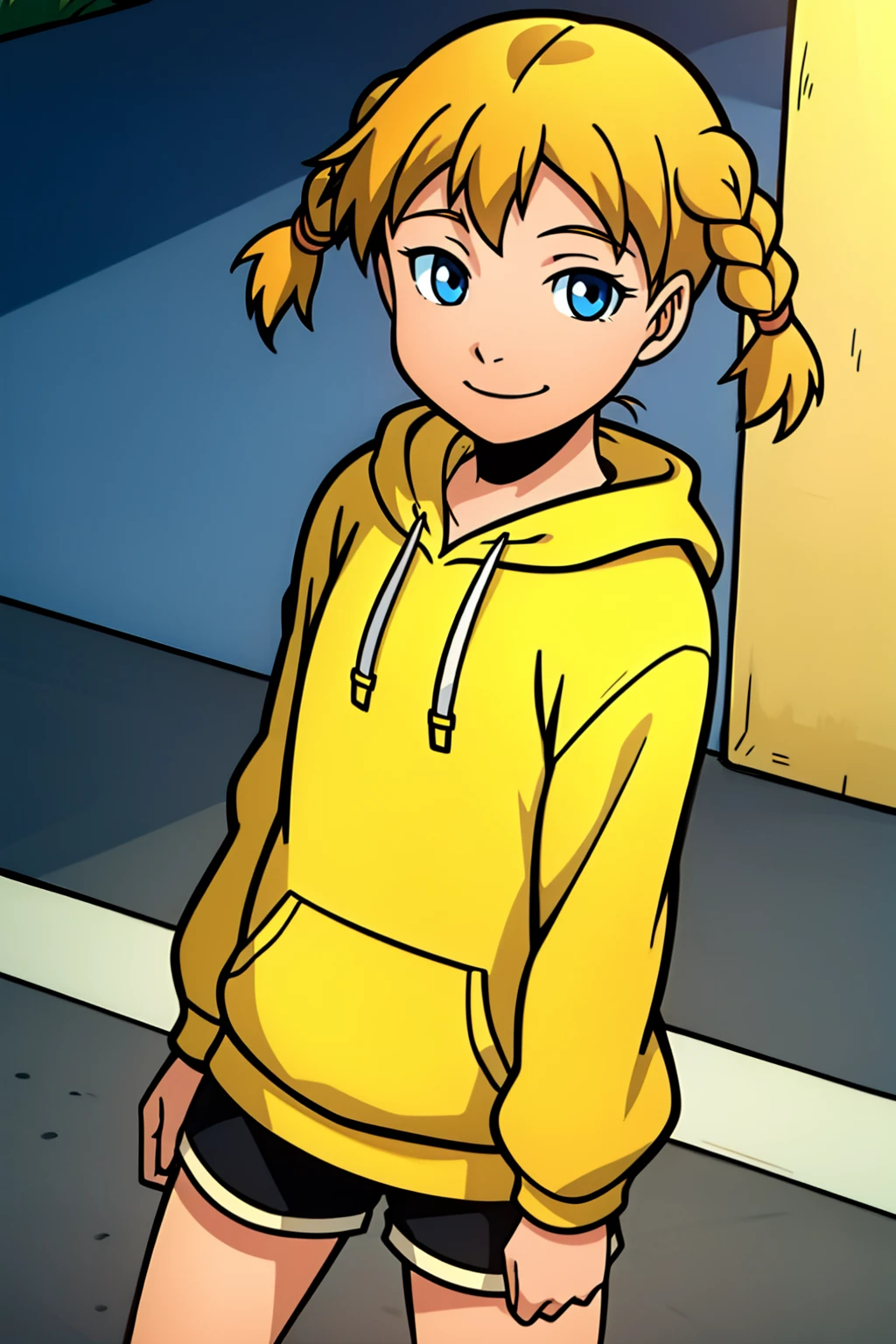 Katie_power ,1girl,solo,blonde hair,twintails,short twintails,twin braids,blue eyes,yellow hoodie,white shorts,smile,looking at viewer,masterpiece,best quality