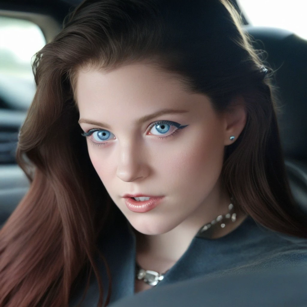 1girl, solo, , realistic, car interior, long hair, blue eyes, lips, motor vehicle, car, ground vehicle, parted lips, jewelry