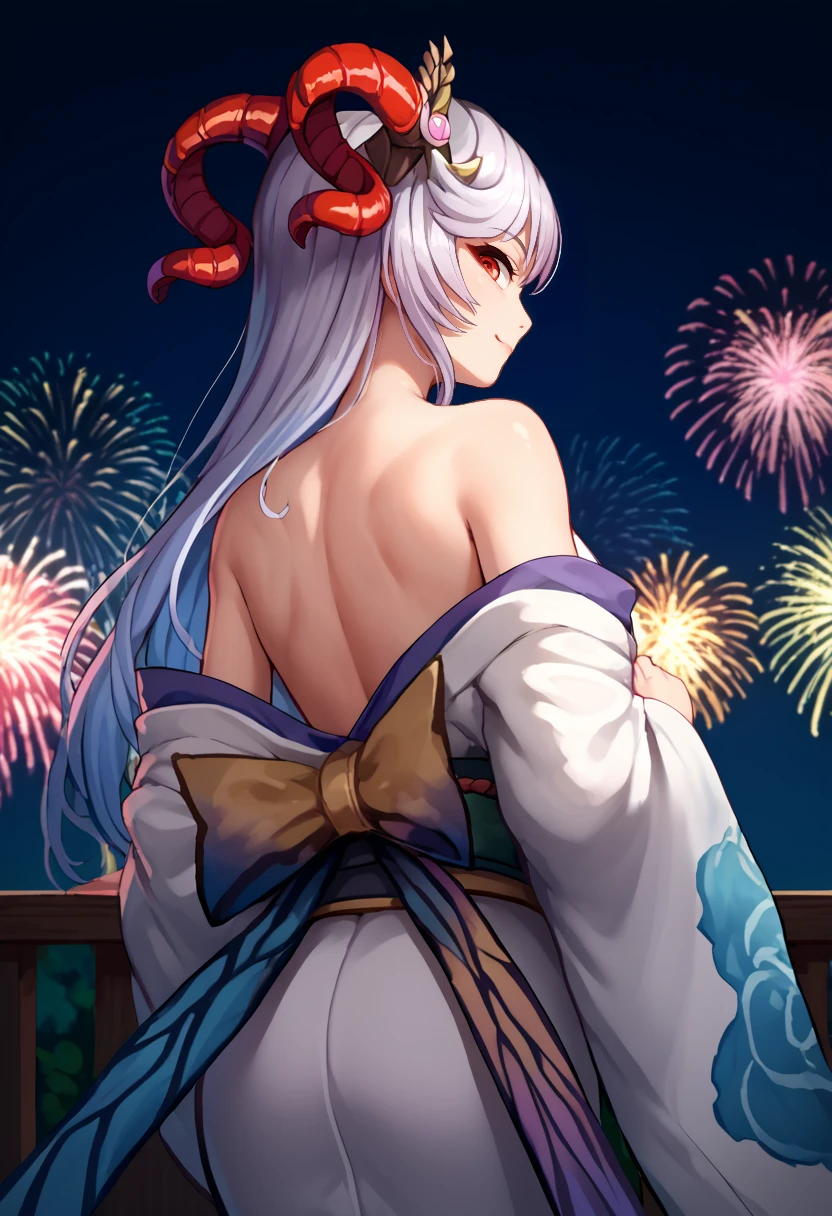 score_9, score_8_up, score_7_up, source_anime, from behind, solo, 1girl, freyjadef, light smile, looking back, red horns, goat horns, curled horns, hair ornament, japanese clothes, white kimono, floral print, off shoulder, bare shoulders, fireworks <segment:yolo-face_yolov8m.pt>