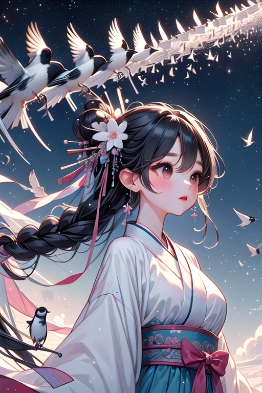 ((magpie bridge)), ((birds flock)), tanabata, cloud, high sky, starry sky, colorful sky, red hanfu, weaver girl, big breasts, flying, long hair, braids, hair flower, hair ornament, necklace, earrings, floating hair, wind, fog, from below, upper body, close-up, <lora:girllikemagpiebridge:0.9>