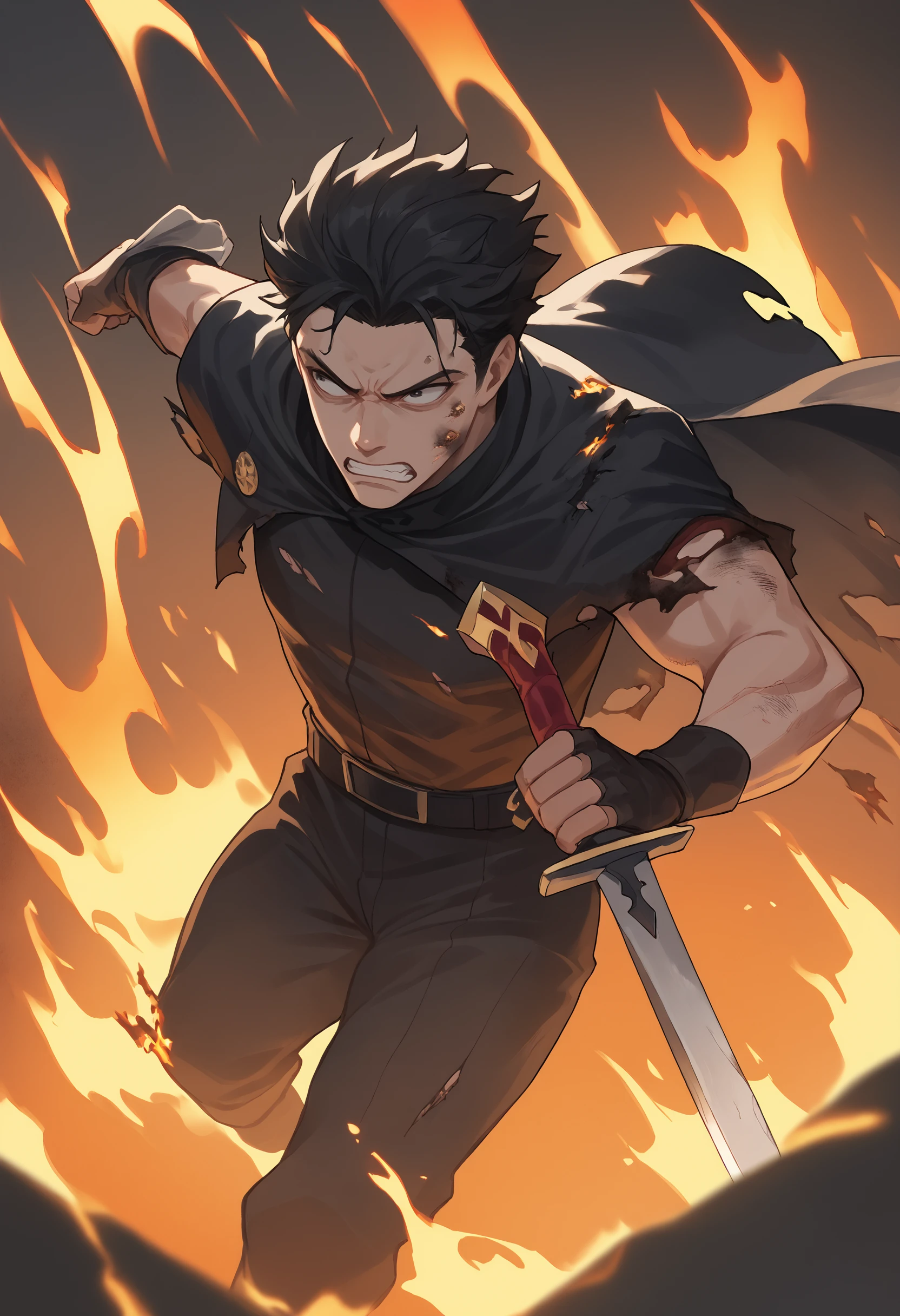 score_9, score_8_up, score_7_up,1boy, burnt clothes, burnt-clothes, (burnt clothes:1.1),dirty, dirty face burning, fire, cape, torn clothes, action shot, holding sword, fire storm, angry, clenched teeth, from above, burned cape, black hair, 
 <lora:Burned Clothes (pony) v1:1>