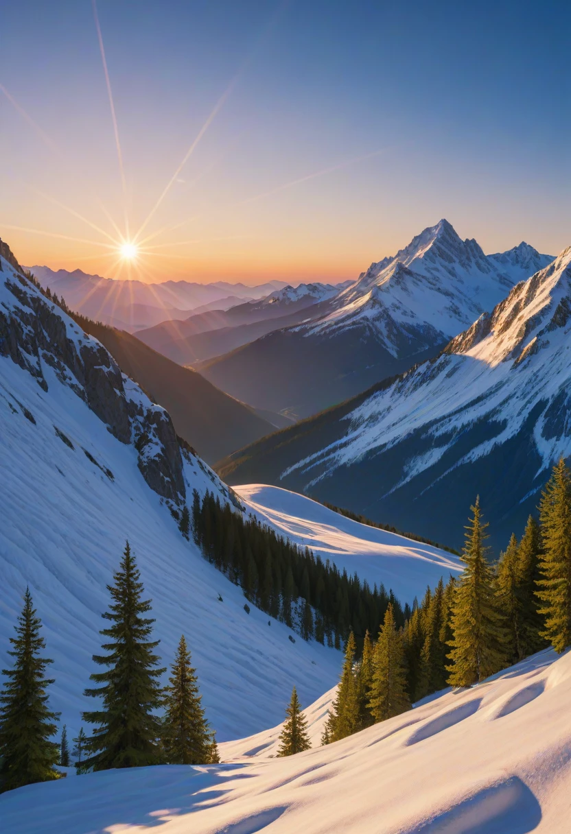 beautiful mountain landscape at dawn, god rays, intricate details, ultrarealistic, hyperrealistic , ((masterpiece)), ((best quality)), 8k, high texture resolution, uhd, hdr, cinematic lighting, valley full of flowers, mountain peaks with snow, majestic sky