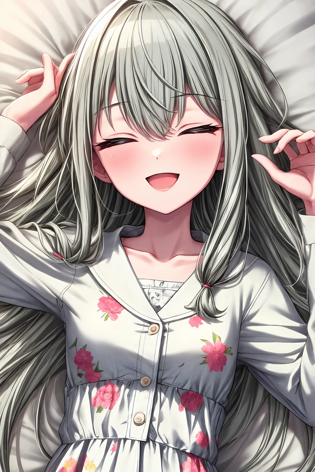 (masterpiece), best quality, expressive eyes, perfect face, nenechan, blush, smile, open mouth, long sleeves, dress, hair between eyes, very long hair, collarbone, closed eyes, upper body, :d, sidelocks, hand up, white dress, buttons, floral print,facing viewer, print dress, <lora:4ff8c0f4-e4ea-41fe-861e-622d2c195a7f:0.7>, <lora:more_details:0.7>