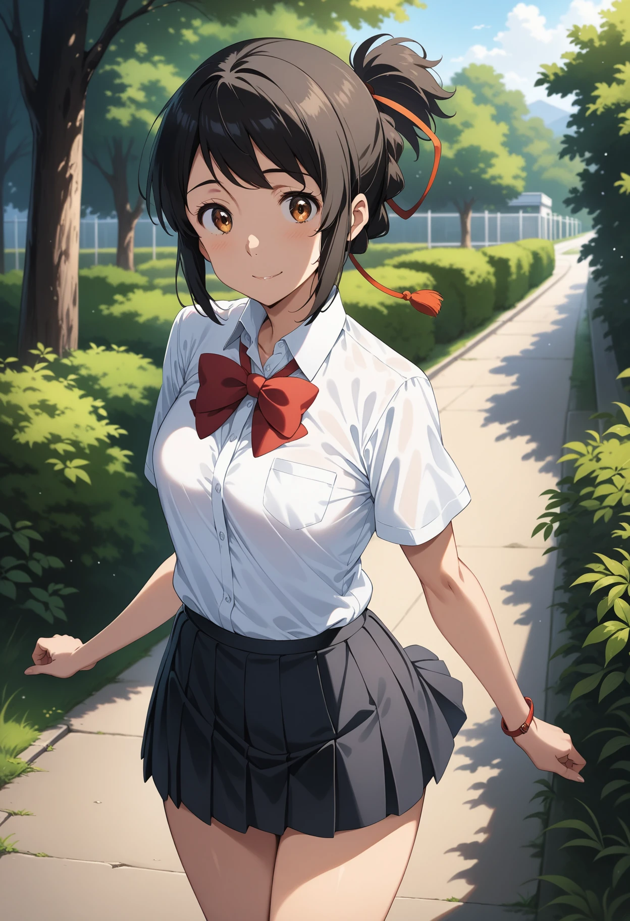 (masterpiece, best quality, very aesthetic, ultra detailed), intricate details, 4k, aamitsuha, black hair, short ponytail, hair ribbon, brown eyes, school uniform, red bowtie, collared shirt, white shirt, short sleeves, pleated skirt, black skirt, <lora:miyamizu_mitsuha_animagine_v1:0.9>, standing, cowboy shot, smile, outdoors