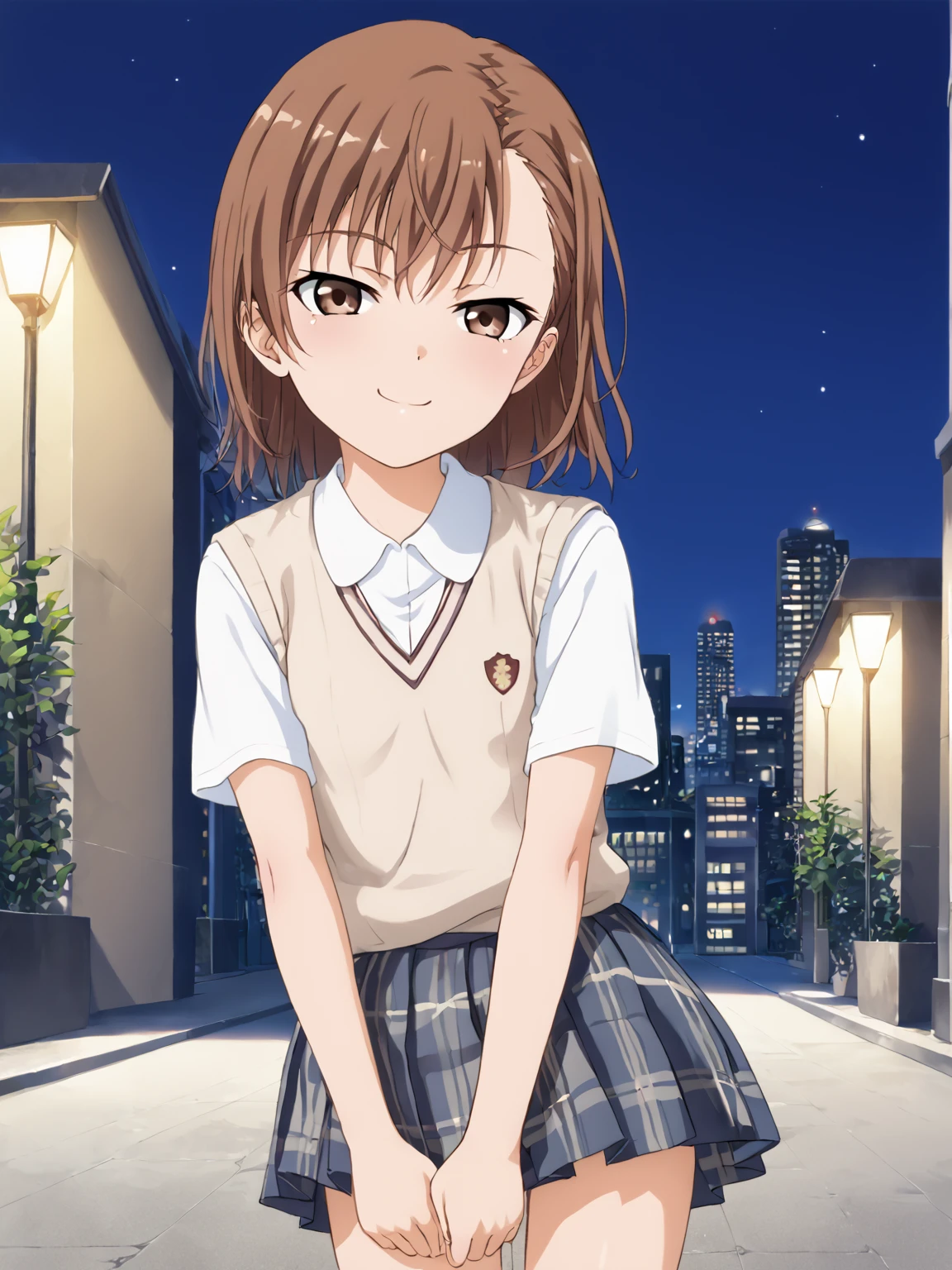 solo, <lora:misaka_imouto:1> misaka imouto,   1girl, small chest,, score_9, source_anime, score_8, (detailed:1.3),  <lora:pony_good_hands:1> good_hands,  5fingers, outside, city, night,   tokiwadai school uniform, light smug, general,