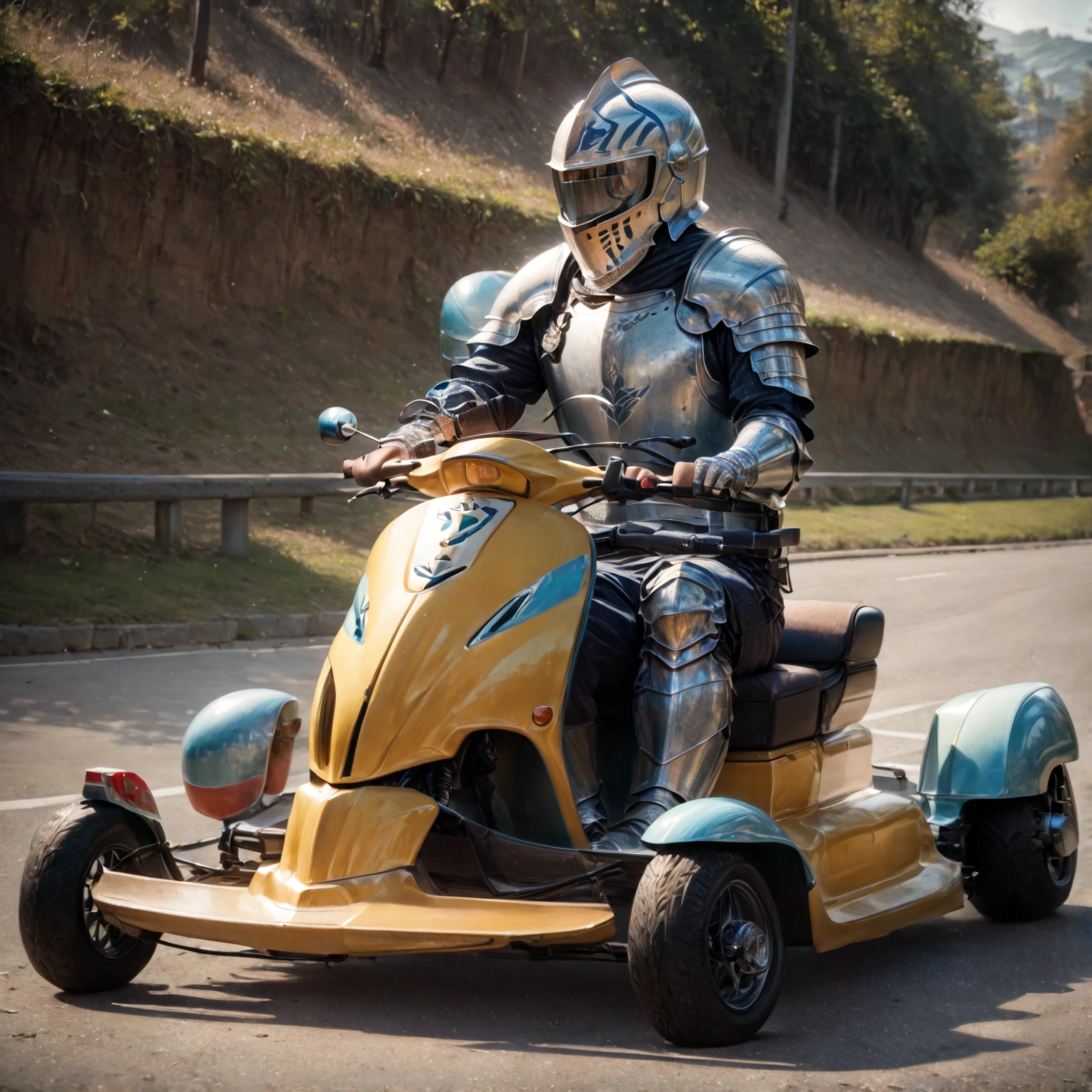 scooter, driving, motor vehicle, <lora:Modern_Day_Knights_Pony_XL:1>, modernknight, knight, armor, helmet, armored gloves, BREAK score_9, score_8_up, score_7_up, best quality, masterpiece, 4k, prefect lighting, very aesthetic, anime, zPDXL2