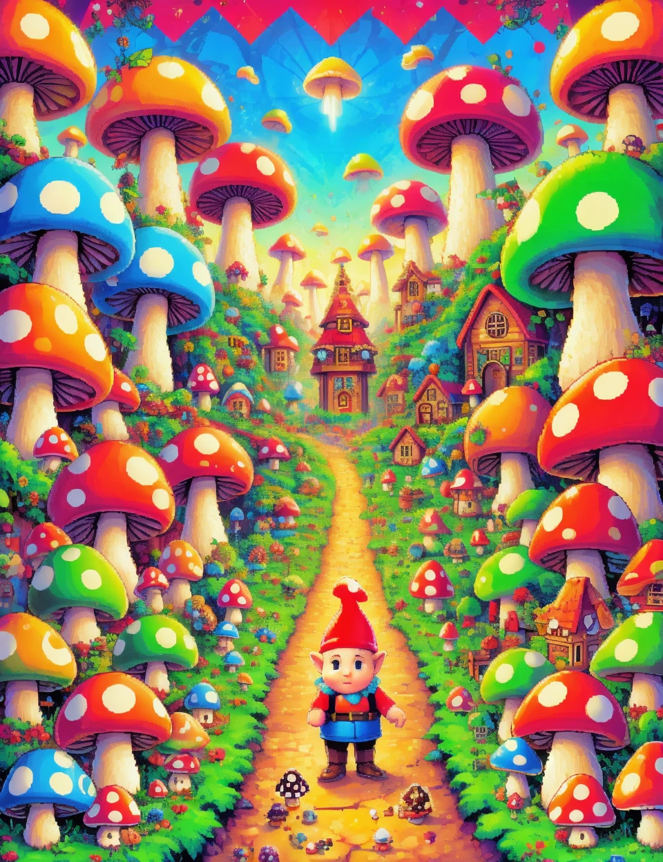 DonMShr00mK1ngd0mXL mushroom city, male gnome, , <lora:DonMShr00mK1ngd0m-000008:0.6>