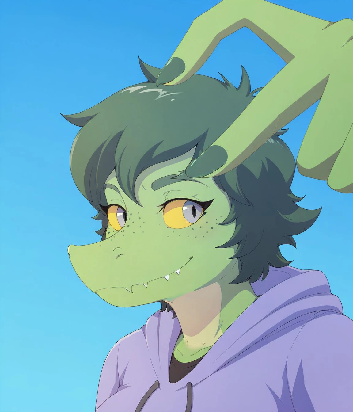 score_9, score_8_up, score_7_up, score_6_up, score_5_up,  score_4_up, furry
Olivia_Halford, breasts, gator, short hair, grey eyes, yellow sclera, green hair, freckles, scales, green skin, lizard tail, hoodie, black pants, purple hoodie, h4lfh34rt
<lora:Olivia_Halford_XL:0.8>
 <lora:h4lfh34rtXLP:1>