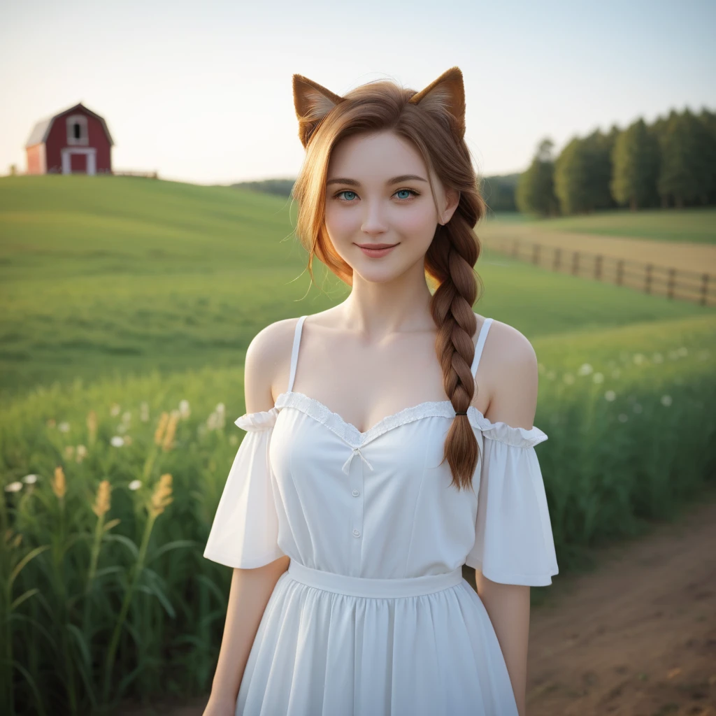 score_9,score_8_up,score_7_up,
young 1girl with braided hair and fluffy cat ears, dressed in Off-Shoulder Sundress, standing in a rustic farm setting. She has a soft, gentle smile, expressive eyes and sexy cleavage. The background features a charming barn, fields of golden wheat, and a clear blue sky. The composition should be bathed in the warm, golden hour light, with a gentle depth of field and soft bokeh to accentuate the pastoral serenity. Capture the image as if it were taken on an old-school 35mm film for added charm, looking at viewer