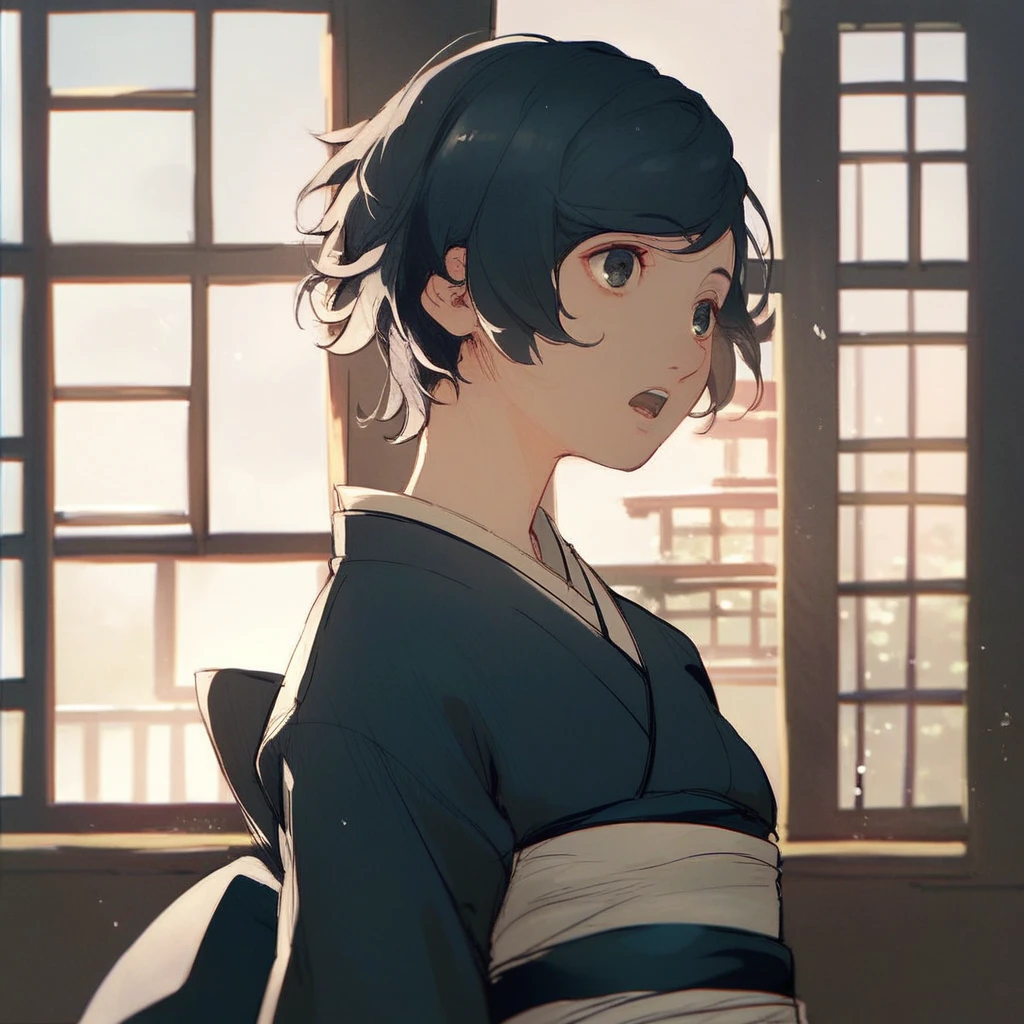 score_9, score_8_up, score_7_up, score_6_up, izana-shinatose, Shidonia-no-Kishi, 1girl, solo, open mouth, short hair, black hair, upper body, japanese clothes, indoors, kimono, sash, window, swept bangs, black kimono, sensitive