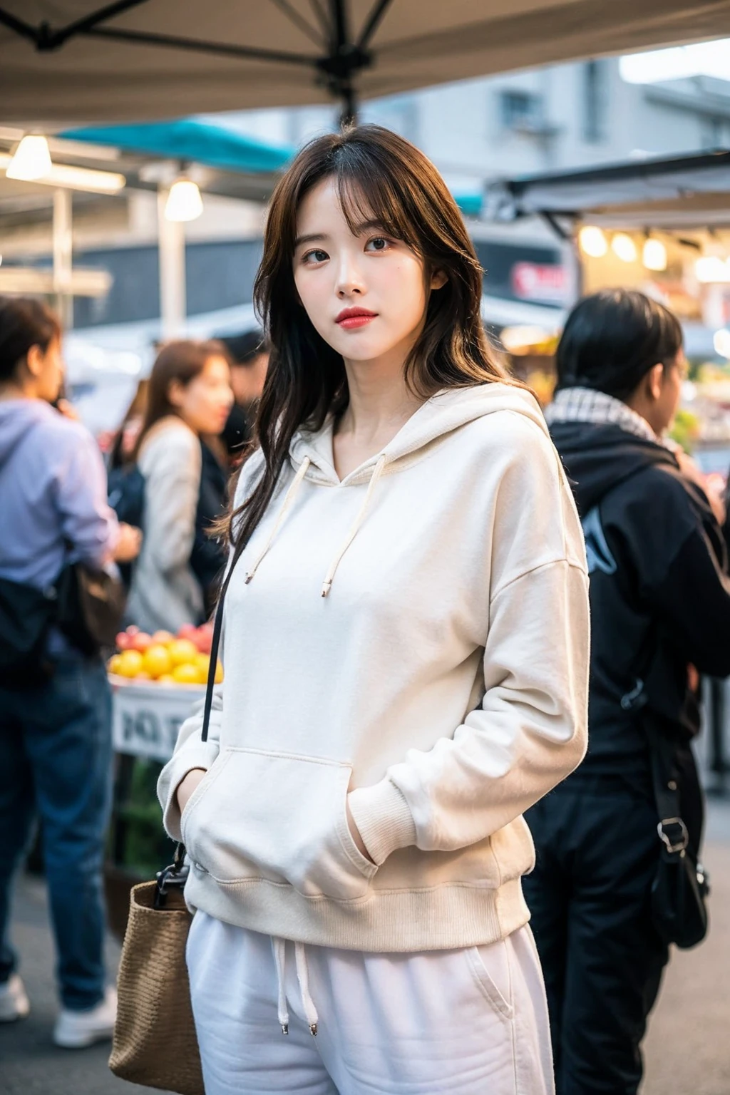 masterpiece, best quality, ultra-detailed, ultra high res, (photorealistic:1.4), raw photo, (realistic:0.2), 8k HDR, realistic lighting, looking at viewer, 1girl, solo, asymmetrical hair, outdoor, sky, (traditional market:1.2), bokeh, (detailed lips), (detailed pores), (detailed skin textures), (detailed face:1.2), (body:1.2), a woman in a hoodie, cowboy shot, thigh gap, white pants,