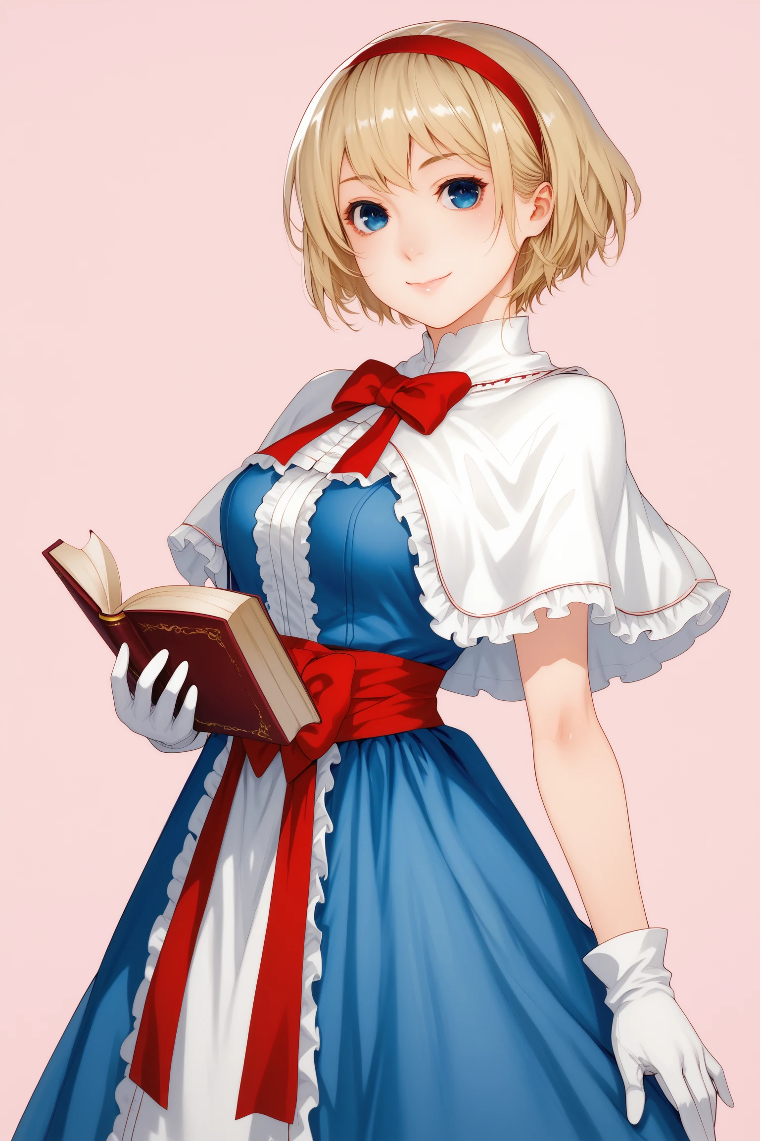 score_7_up, traditional media, 1girl, alice margatroid, blonde hair, solo, dress, blue eyes, gloves, book, blue dress, hairband, capelet, white gloves, smile, short hair, white capelet, short sleeves, pink background, simple background, red hairband, holding book, frills, holding, puffy short sleeves, puffy sleeves, looking at viewer, closed mouth, bangs, bow, sash, hairband, cowboy shot, red sash, standing
, <lora:Yamatogawa_PonyXL_dim32:1>