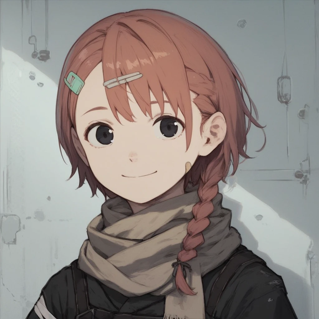 score_9, score_8_up, score_7_up, Tae, Blame!, 1girl, solo, looking at viewer, smile, short hair, industrial background, brown hair, hair ornament, interior, closed mouth, upper body, braid, red hair, hairclip, scarf, black eyes, single braid, bandages, portrait, bandaid, anime coloring, general