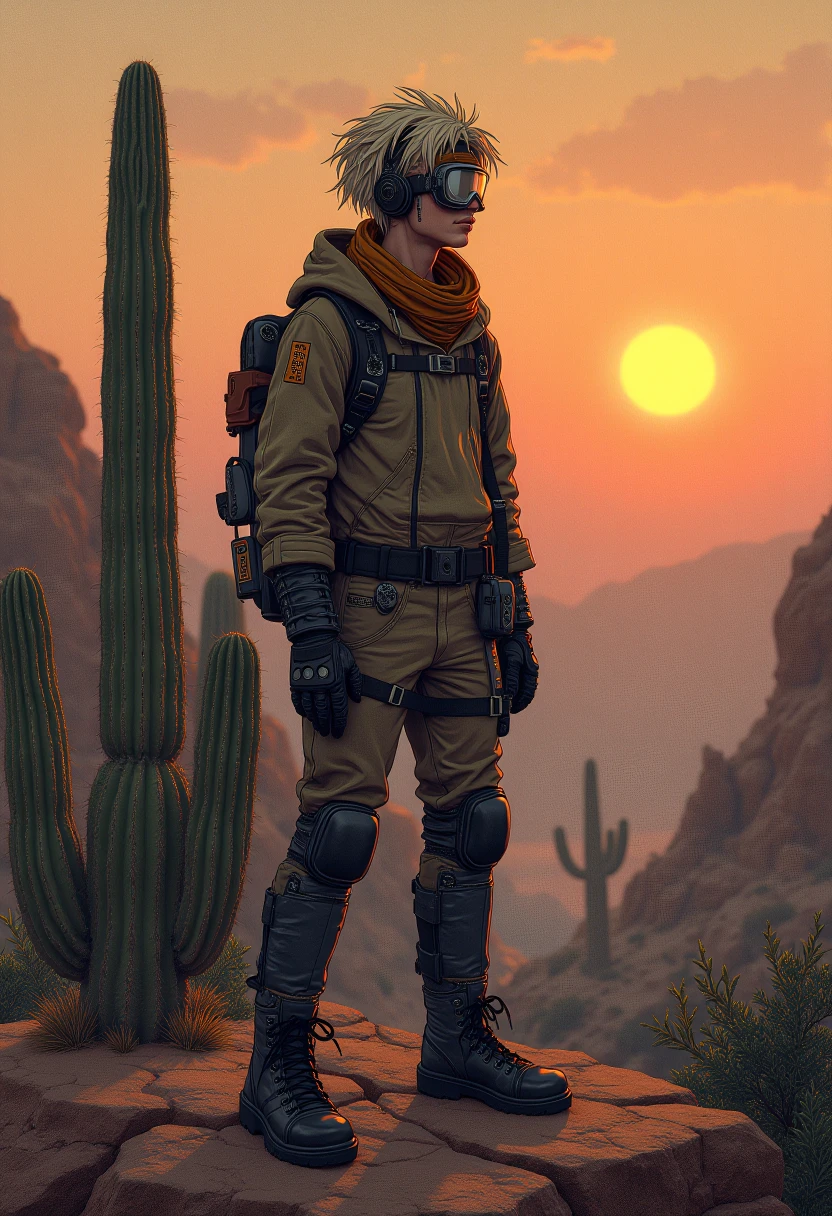 In the ethereal glow of dusk, amidst a harsh desert, an atmospheric perspective of a small rock outcropping overlooking the rugged desert with large cactus and junipers, stands a tall slim and lean nomad. A breathtaking steampunk-biomechanical hybrid, a practical mix of both organic and steampunk aesthetics. Short messy hair multiple steaks of blonde brunette ginger and gray, and a solitary pair of lightly tinted transparent steampunk goggles. A shemagh tied loosely around the neck, with a desert survival techwear that covers everything from the neck down, with dark combat knee_boots. Draw the scene with a dull matte color pallet, dark bold outlines to give it a softer yet harsh appearance. It should be a hyper-detailed atmosphere, evoking a sense of survival and wonder as day turns to night.