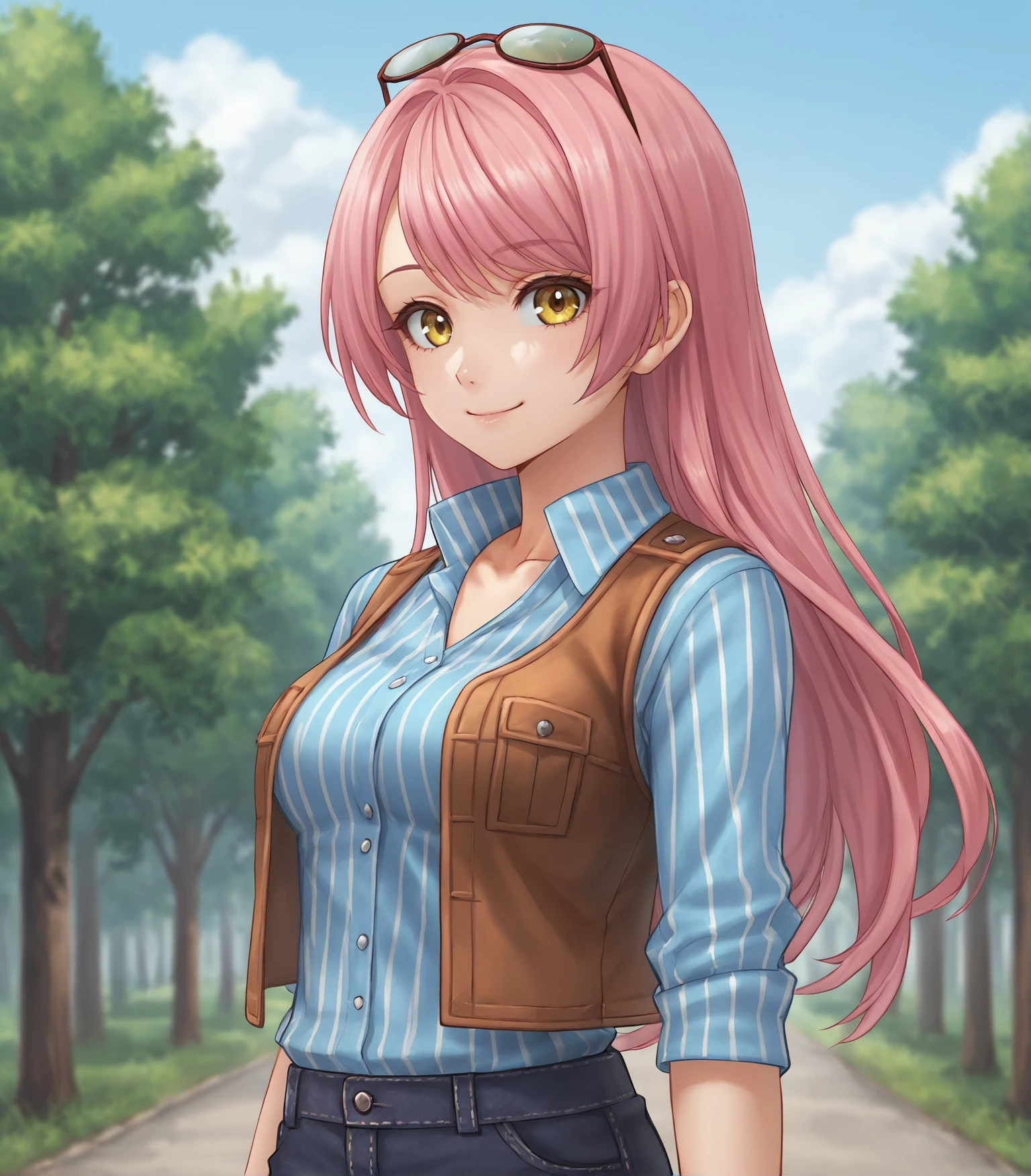 score_9, score_8_up, score_7_up, score_6_up, score_5_up, score_4_up, BREAK source_anime,
1girl, solo,  <lora:Vivi:0.9>, Vivi, pink hair, long hair, yellow eyes, medium breasts, eyewear on head, striped shirt, vest, jeans, pants, brown boots,, 
upper body, portrait looking at viewer, smile, outdoors, sky, trees,
<lora:Racoonkun_Artist_Style:0.6>, racoonsan,,