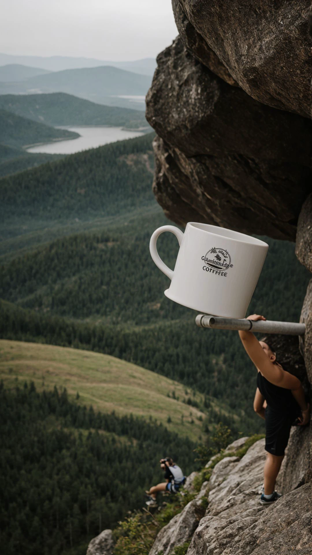 Climbing coffee mug on a mountain
  detailmaximizer, photo, realistic