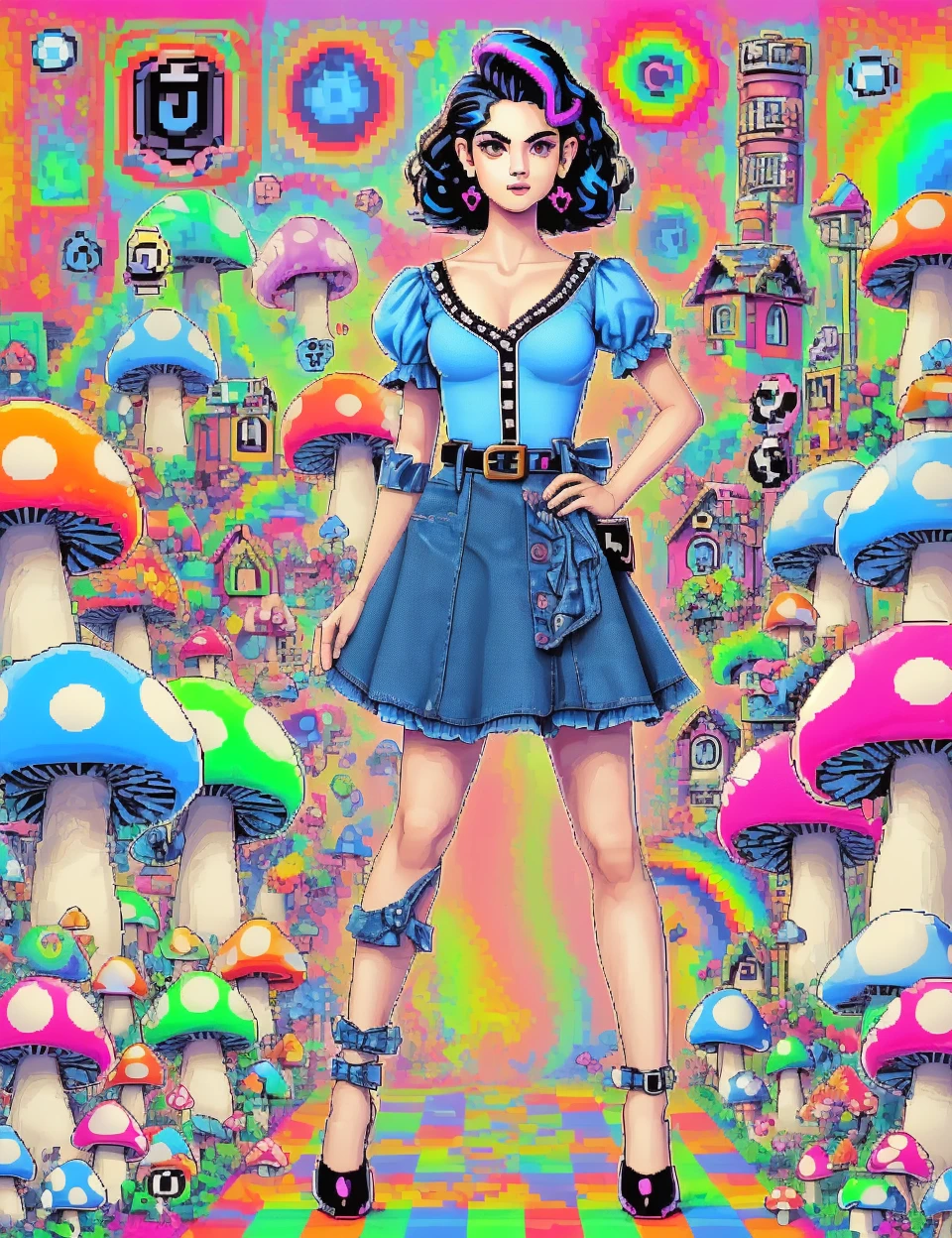 DonMShr00mK1ngd0mXL mushroom, , pixelart, male hundred years old well-proportioned, indigenous peoples of the america, dark brown eyes, upswept ears, angular nose, wide chin,       , violet french crop hair, curiosity wearing toile    vibrant    gingham cropped chinos,  baseball jersey,   , head tilted to the side, indicating thoughtfulness,    form-fitting full body clothing, v-neck, denim, interdimensional overlay texture,  puff sleeves, asymmetrical hemline, natural waist, a-line skirt, belt,,waistband,,illustration,raw wash,,bow accents,,cargo straps, rating_safe <lora:DonMShr00mK1ngd0m-000008:0.8>