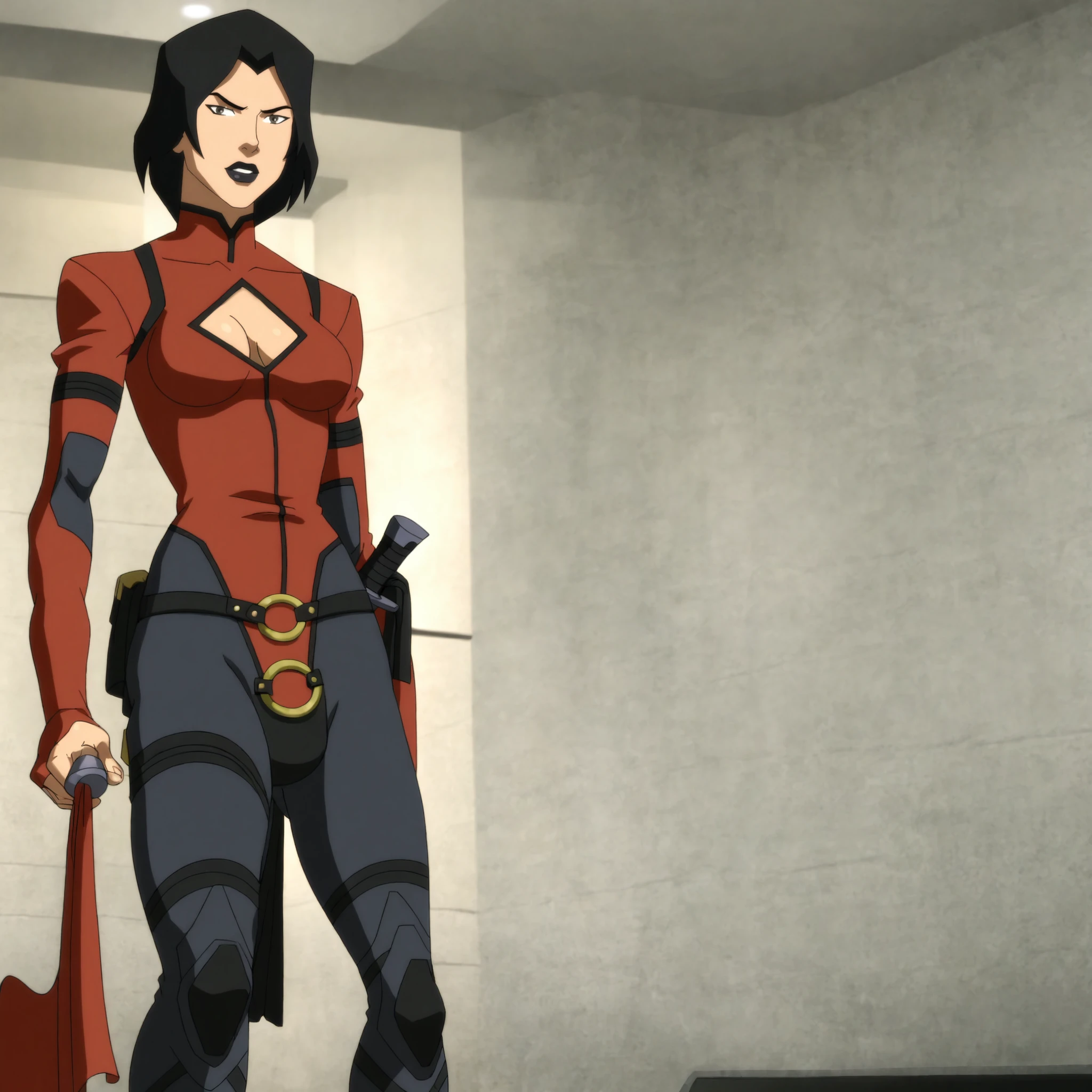 Invincible, female focus, solo, upper body, 1girl, human, sorcerer, (medium_breasts:1.1), muscular, abs, biceps, (tan skin:1.1), red pixie cut hair, (tattoos:1.1), blood red eyes, (scowling:0.8), half smile, ruby pendant, jewelry, red sleeveless shirt, cleavage cutout, black pants, belt, indoors, (crystals:0.9), (blood:1.1), ancient temple, (sun symbol:1.1), fire symbol, blood magic, stone altar, (runes:1.1), statues, pillars, underground, detailed background, DnD,  <lora:Invincible:0.85>