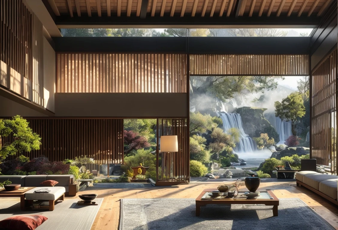 scenery, no humans, modern interior design, big glass window,can see outside mountains, buildings outside, waterfall outside, fog, flower tree outside, slide door, tree, cushions, leather couch around table, teapot on the stone table, wooden floor, rug, reflection, indoors, east asia architecture, book, potted plant, rockery, garden, water, afternoon,lamp,lantern, sky, <lora:Chinese Home Interior V3:0.8>,masterpiece, modern,LAOWANG