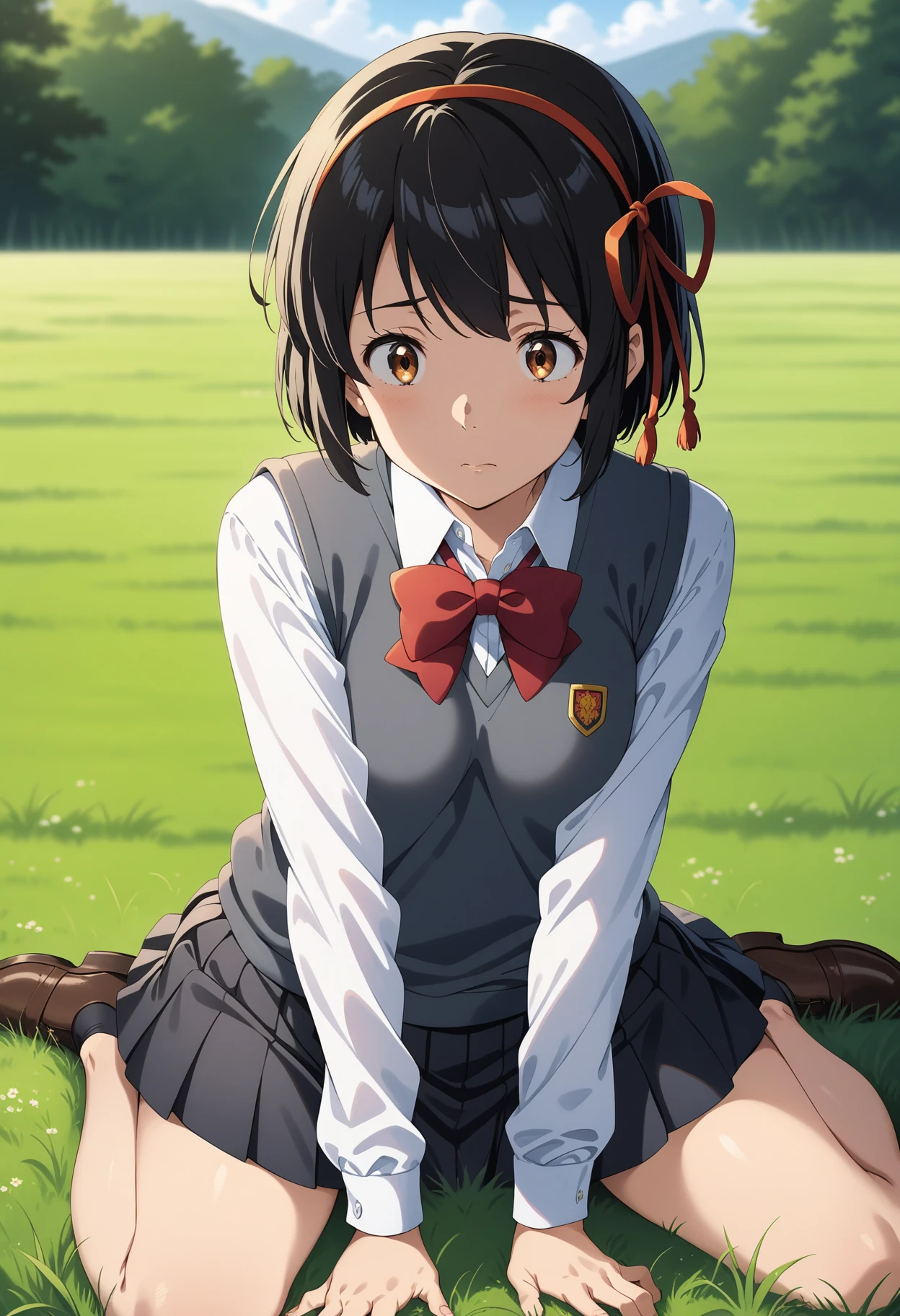 (masterpiece, best quality, very aesthetic, ultra detailed), intricate details, 4k, bbmitsuha, short hair, black hair, red hairband, hair ribbon, brown eyes, school uniform, red bowtie, collared shirt, white shirt, sweater vest, long sleeves, pleated skirt, black skirt, <lora:miyamizu_mitsuha_animagine_v1:0.9>, grass, field, wariza