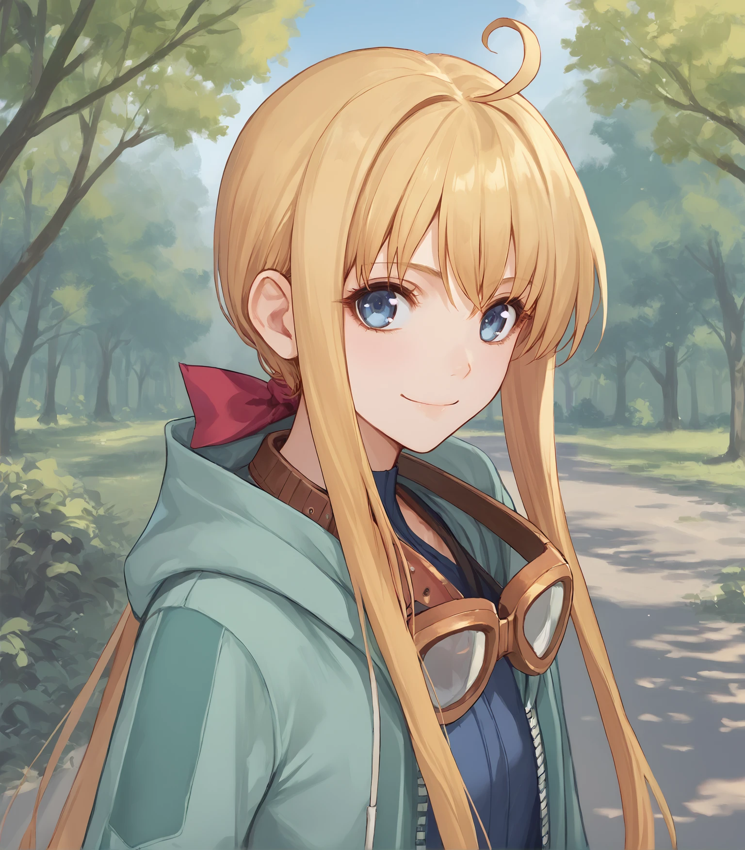 score_9, score_8_up, score_7_up, score_6_up, score_5_up, score_4_up, BREAK source_anime,
1girl, solo,  upper body, portrait ,  looking at viewer, smile, outdoors, sky, trees,
<lora:LDART_style_pony_v3:0.8>,  
 <lora:TitaRussellCS:0.9>,Tita Russell, blue eyes, blonde hair, long hair, ahoge, small breasts, flat chest, petite, goggles on neck, green hoodie, blue shirt, miniskirt, black socks, red shoes