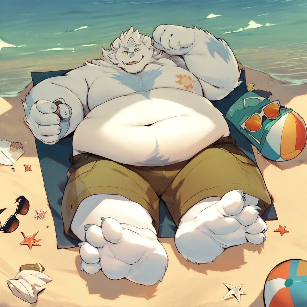 score_9, score_8_up, score_7_up, score_6_up, score_5_up, score_4_up, patty, anthro, yeti, furry, fat, obese, big feet, outside, beach background, beach scenery, water, relaxing, laying down, looking at viewer, sunglasses, barefoot, wearing shorts