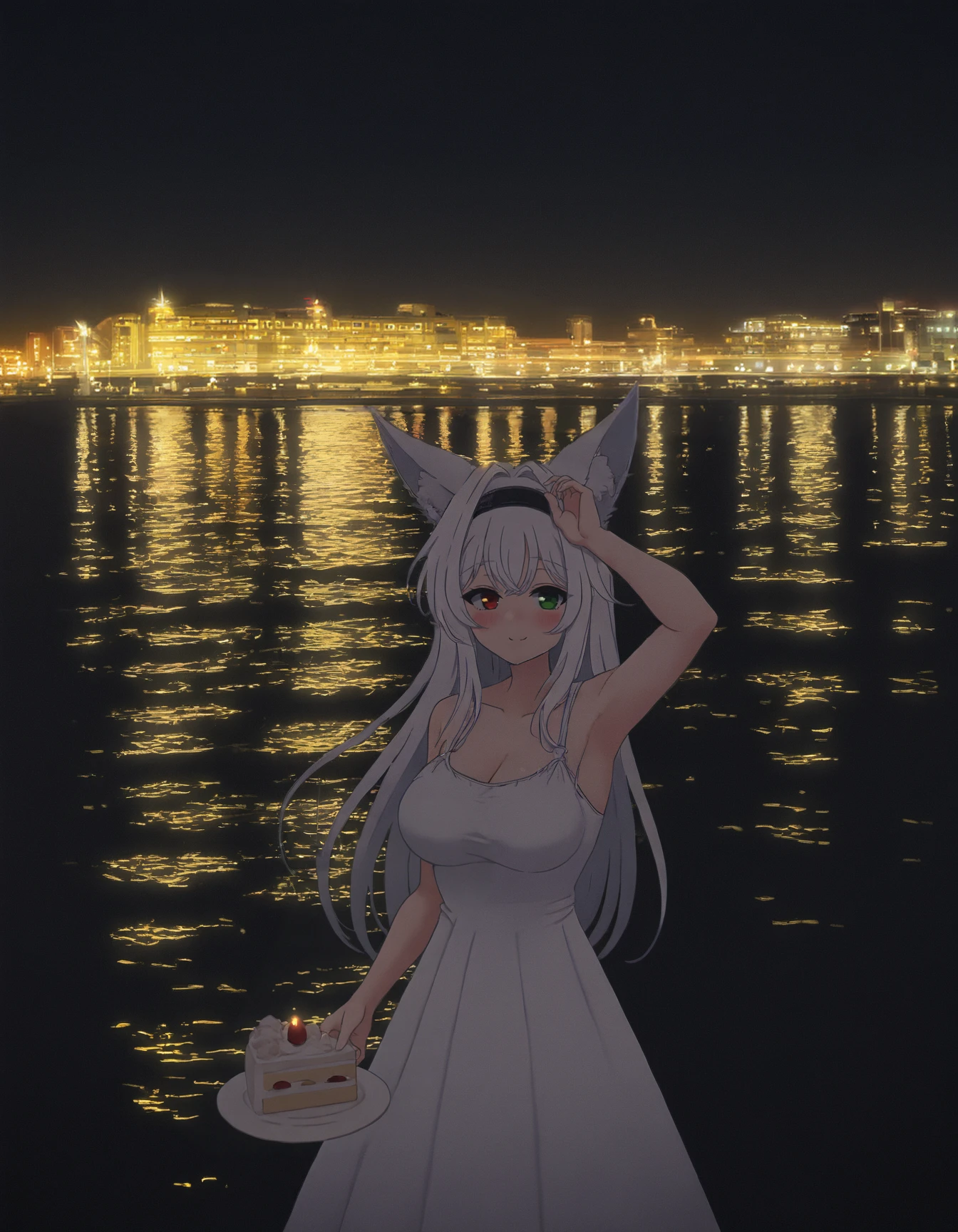 1girl, solo, standing, holding cake, arm up, fox ears, green eyes, red eyes, heterochromia, smile, blush, hair intakes, black headband, white hair, long hair, white dress, spaghetti strap, large breasts, night, water, dark, city lights, scenery, <lora:nkymyura:1>