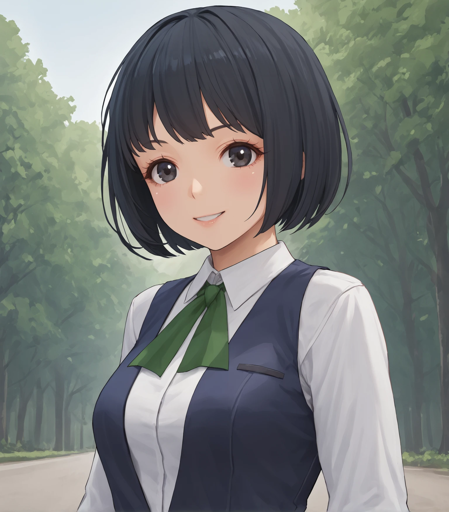 score_9, score_8_up, score_7_up, score_6_up, score_5_up, score_4_up, BREAK source_anime,
1girl, solo, upper body, portrait , looking at viewer, smile, outdoors, sky, trees,
<lora:rhasta:0.6>,
<lora:Shino:0.9>, Shino, short hair, black hair, bob cut, black eyes, medium breasts, white shirt, blue vest, green neckwear, black pants, blue shoes, high heels