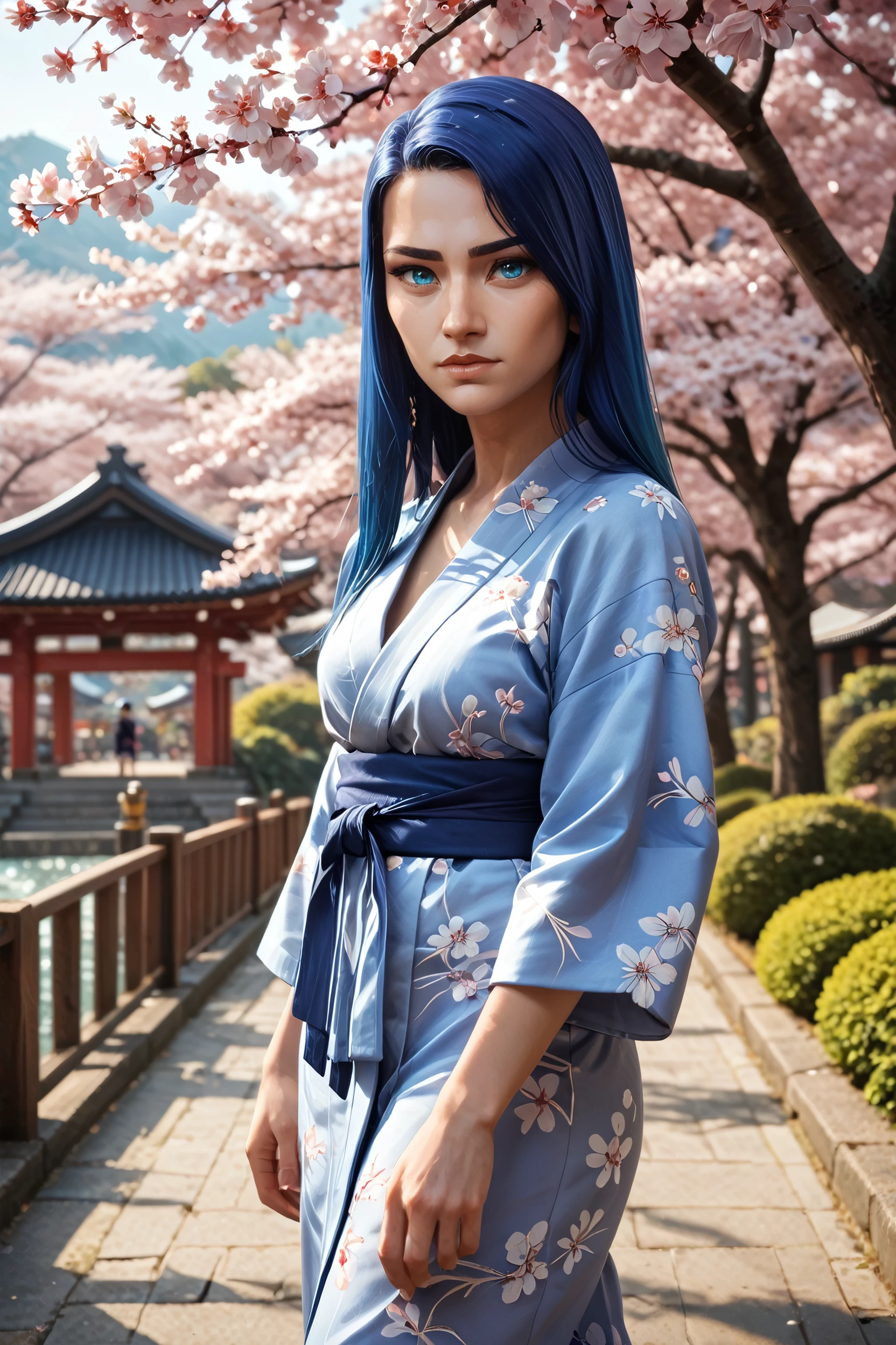 score_9, score_8_up, score_7_up, score_6_up
<lora:ALCaitlyn:1.0>
ALCaitlyn, 1girl, blue hair, long hair, blue eyes, looking at viewer, yukata, japan, cherry blossoms, hair ornament